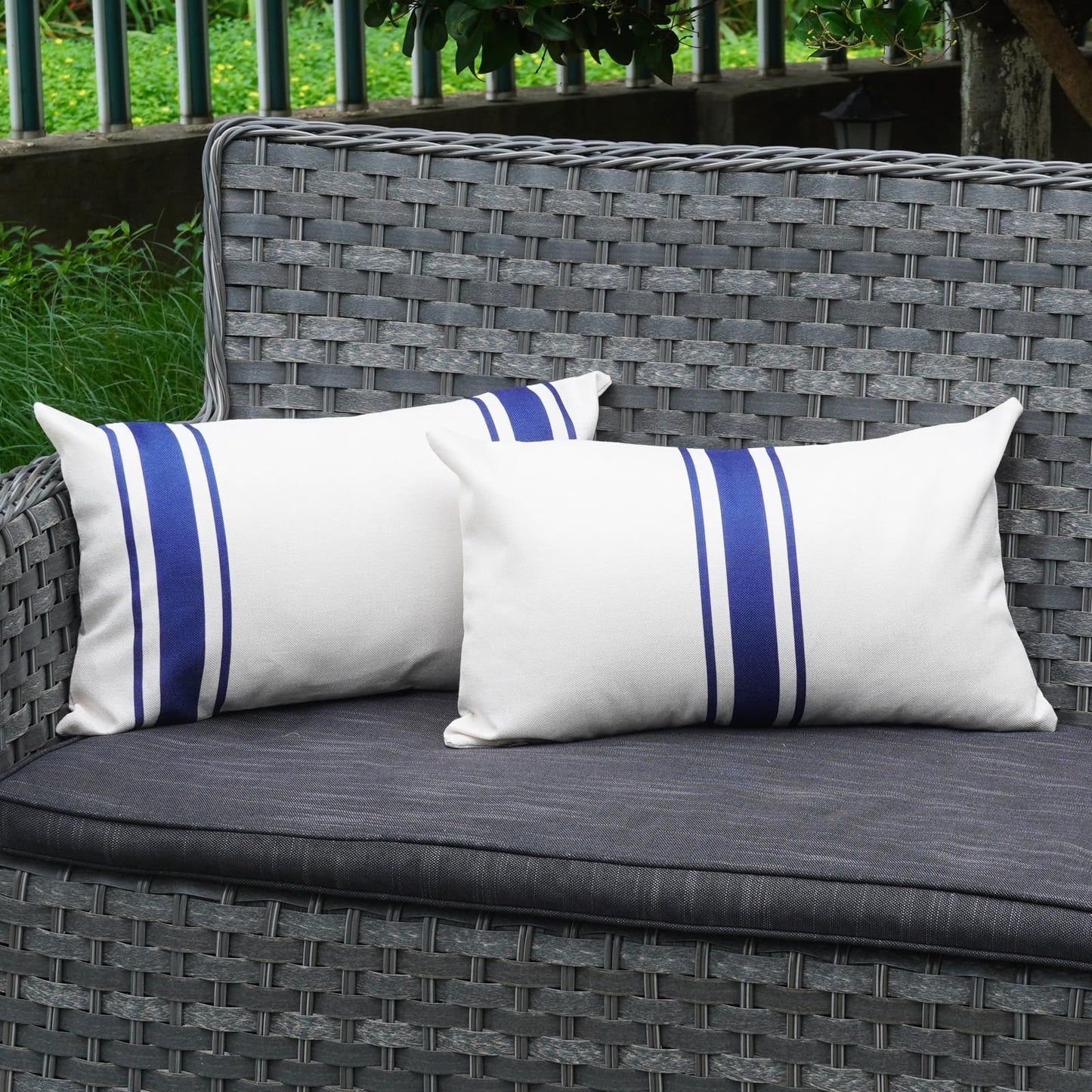 ONWAY Outdoor Pillow Covers Waterproof 18x18 Set of 2 Decorative Linen Throw Pillow Cover Beige and Black Striped Outdoor Pillows for Patio Furniture BST220