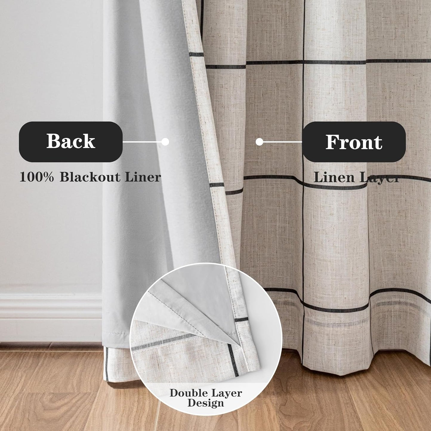 MYSKY HOME 100% Blackout Plaid Farmhouse Linen Curtains 90 Inch Long 2 Panels Set for Living Room Double Layer Windowpane Drapes Thermal Insulated Privacy Protection Rod Pocket Back Tab, 52" W, Black