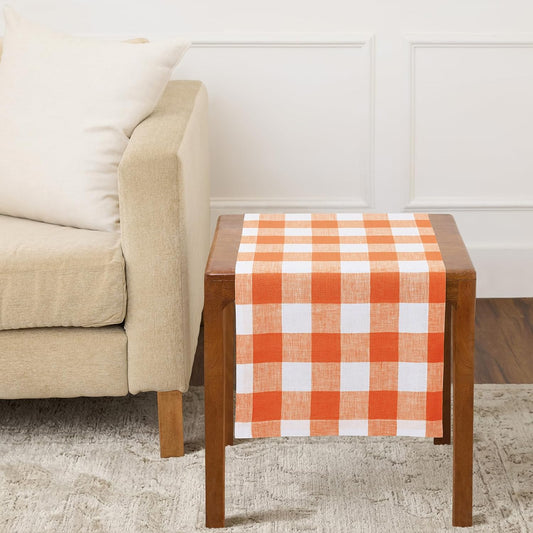 Solino Home 100% Linen Table Runner, 14 x 36 in, Pumpkin and White Check | Buffalo Check Table Runners for dining, hallway and console tables; buffalo checkered weave; Pure Linen; OEKO-TEX Certified BST326SOLH