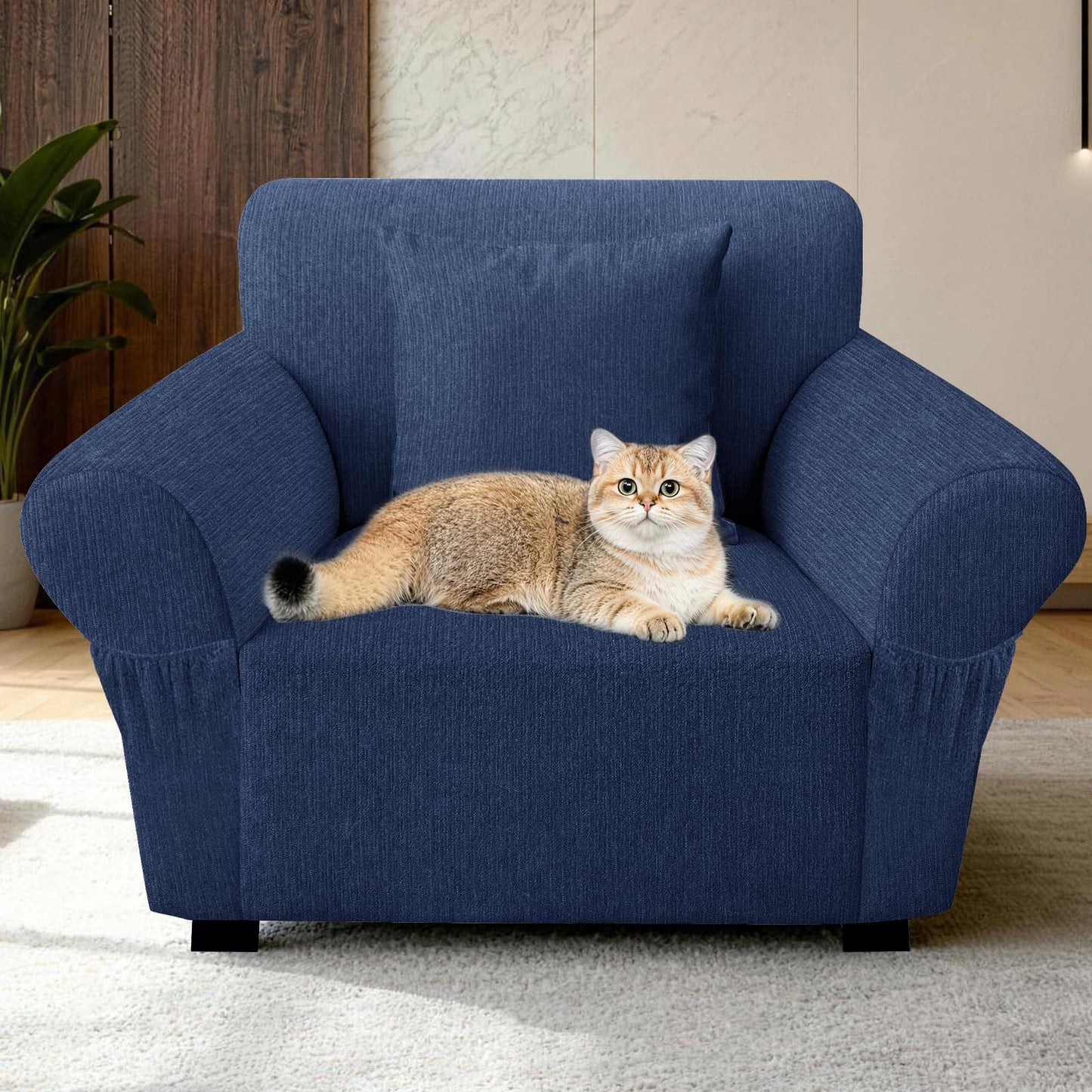 Sofa Slipcover with 2 Pillow Cover for 3 Cushion Couch, Non Slip Furniture Protector with Elastic Bottom, Washable Sofa Cover for Kids, Pets (Sofa, Navy) BST326H