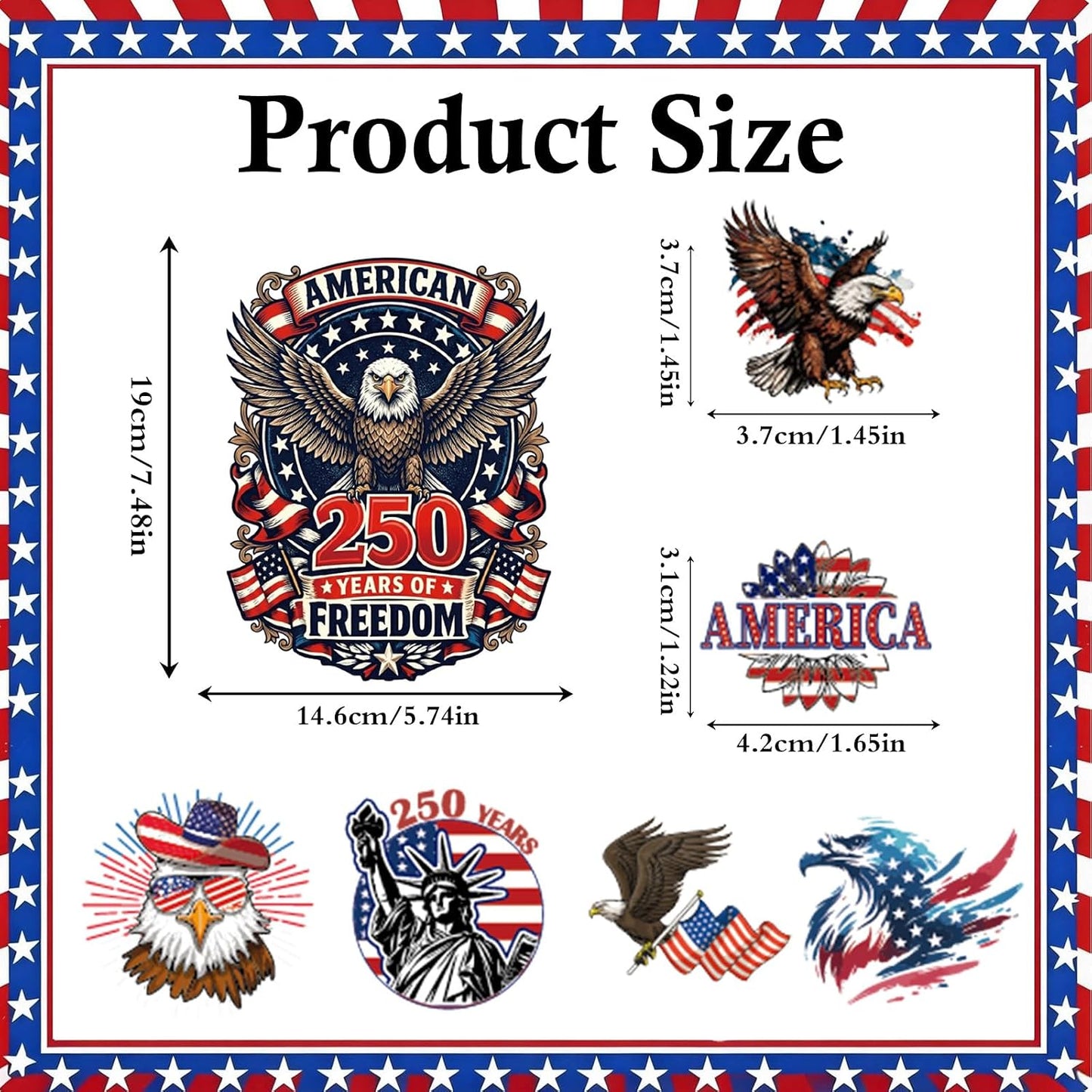 Dazoratix 250th Anniversary Car Decals - 7 Pcs Eagle 250 Years America Flag Merchandise American Patriotic USA 4th of July Independence Vinyl Rearview Mirror Stickers for Window Vehicle Tumbler Bumper BST326L