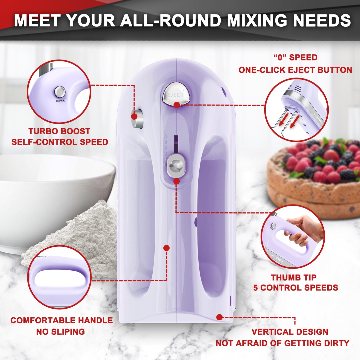 Lord Eagle Hand Mixer Electric Handheld 400W, 5-Speed Lightweight Kitchen Mixer with Storage Case, 5 Stainless Steel Attachments for Baking Cake Egg Cream Food Beater, Turbo+Eject Button, Pink