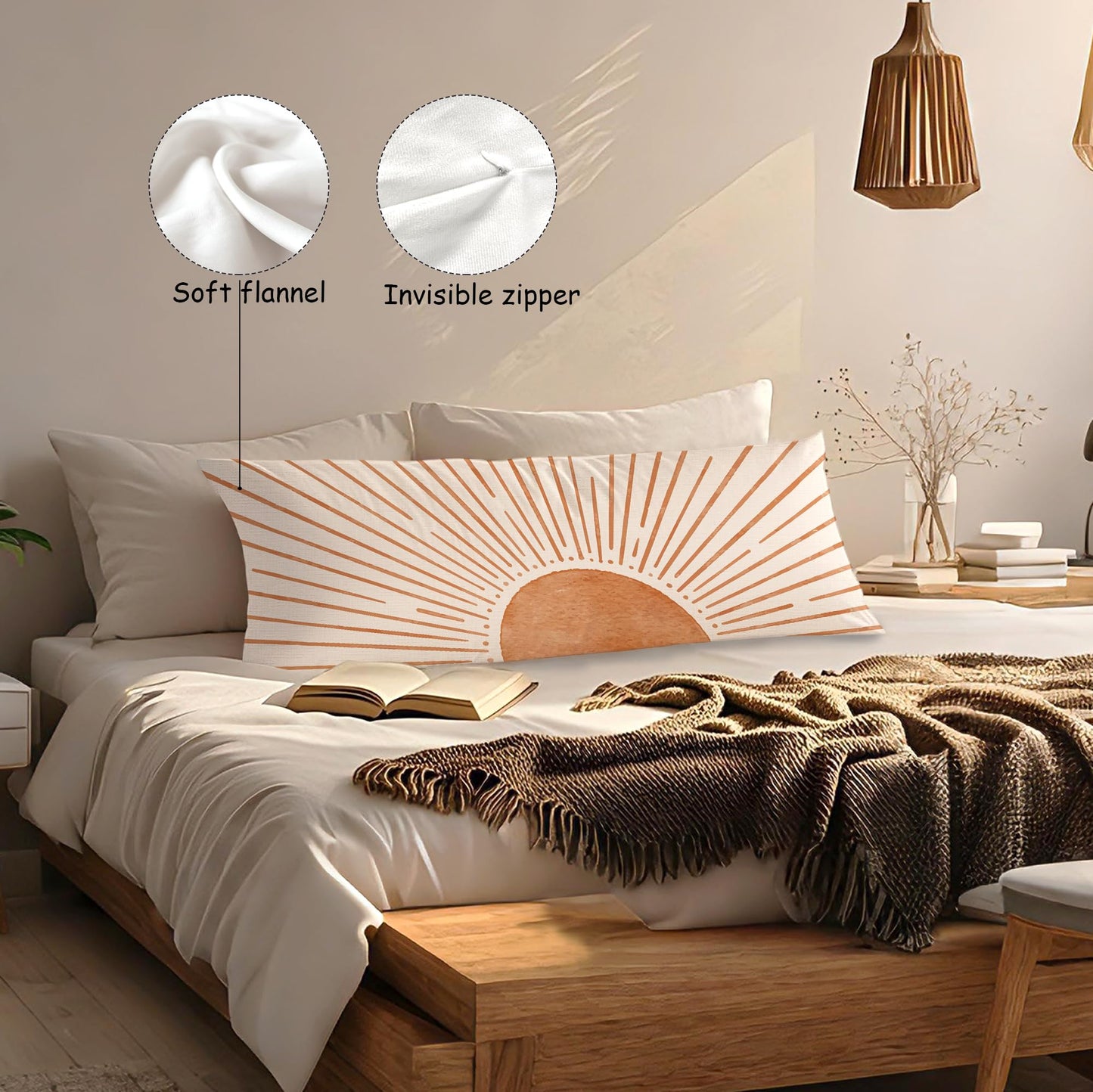 Boho Sun Sunshine 21x54 Body Pillow Cover Case, Modern Neutral Boho Horizontal Sun Sunset Sunrise Decorative Long Hug Pillow Cases for Bed Couch BST220