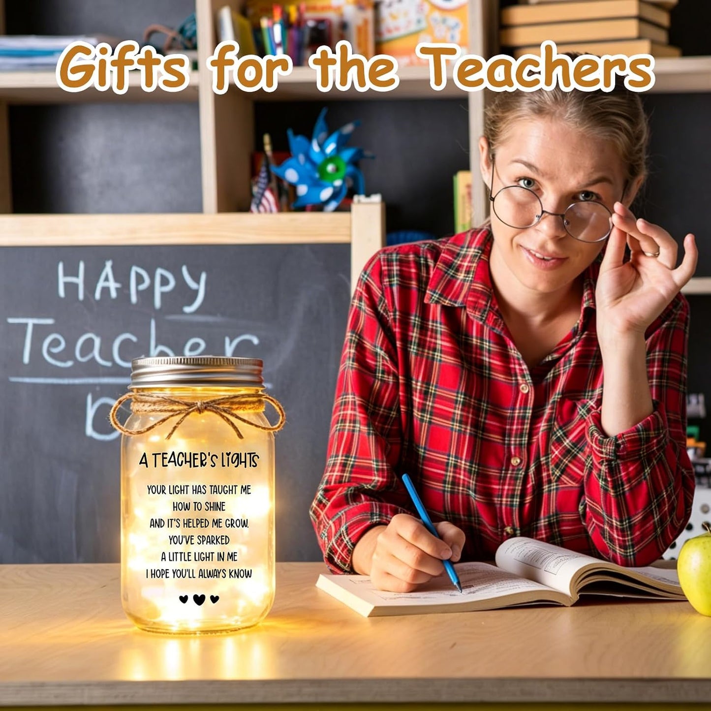 Kimoli Teacher Appreciation Gifts for Women Teacher Christmas Gift Mason Jar Night Lights with Warm Lights Home Decor BST326H