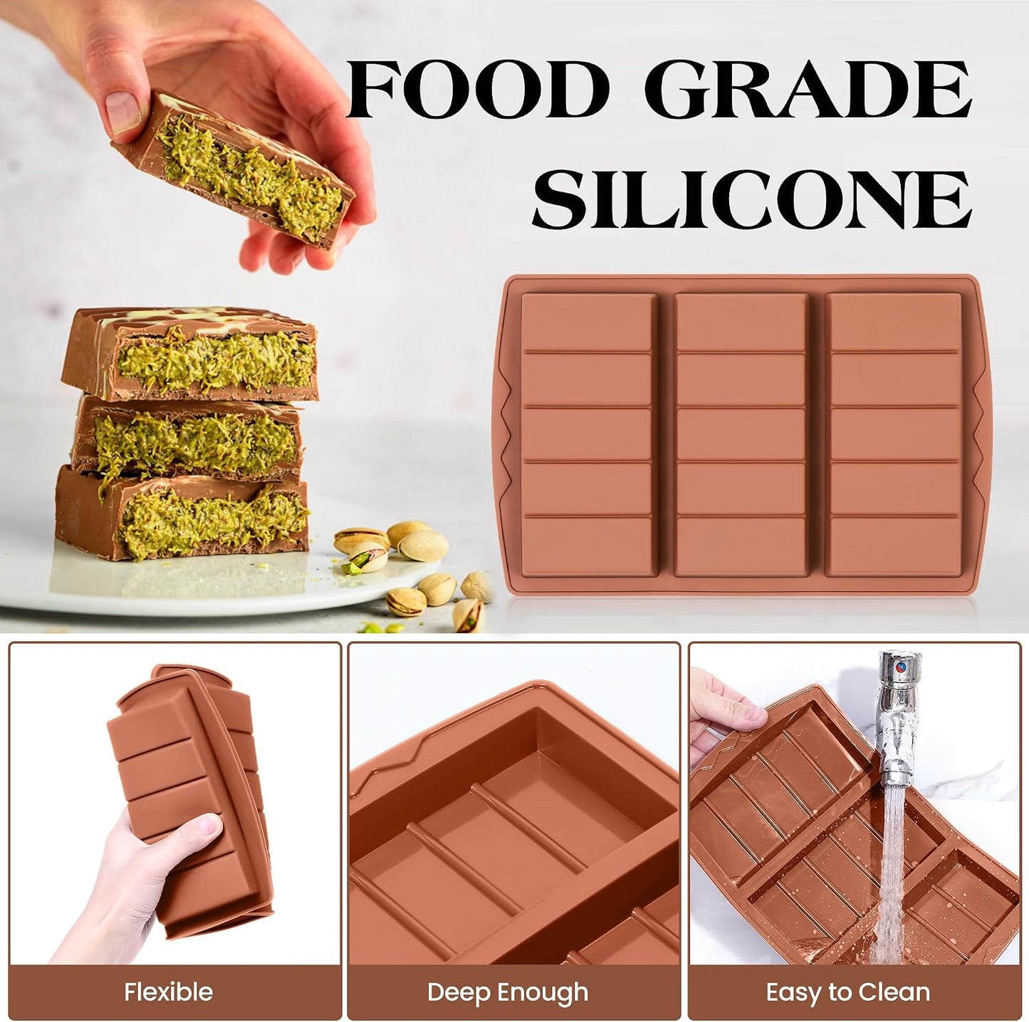 KASHME 2 Pcs Chocolate Bar Mold Deep Dubai 0.85 Inch Stuffed Chocolate Molds Silicone Large Break Apart Silicone Molds (10 Snap + 5 Snap） BST326L