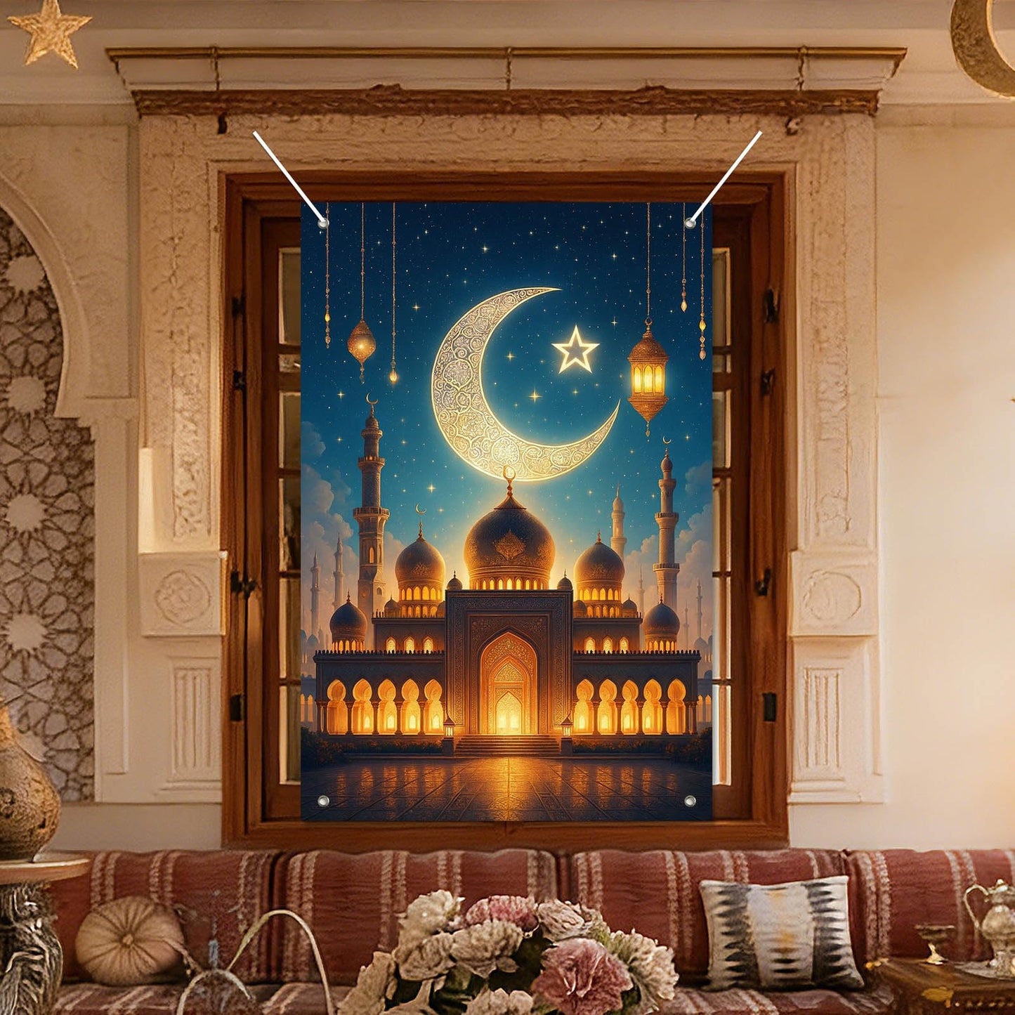 HOMETITUTE Eid Ramadan Window Banner Holiday Curtain Backdrop 31x47 Fabric | Mubarak Cover Festival Screen Windows Banner Hanging Living Room Bedroom Home Crescent Moon Star Pattern Design BST326H