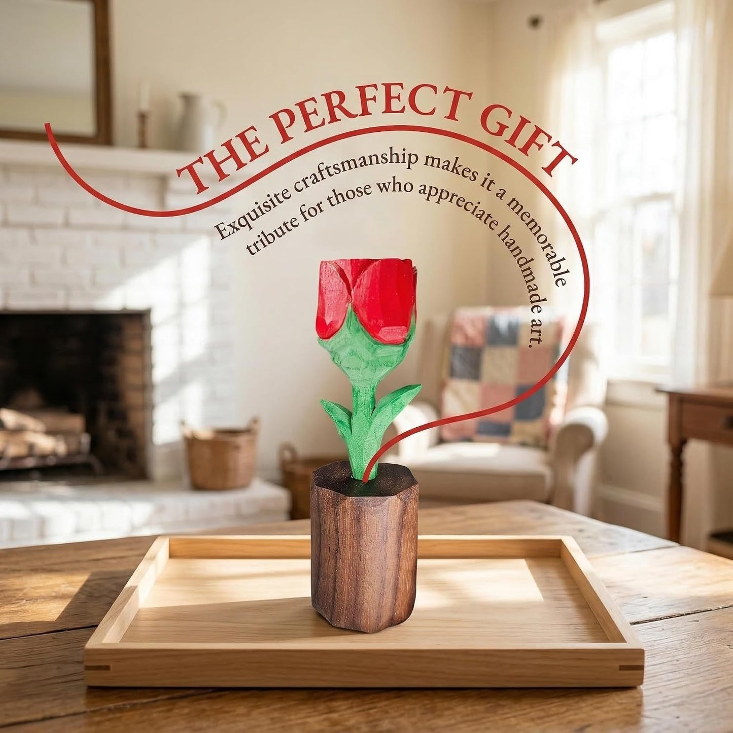 Wood Rose for 5th for Wife - Handcrafted Basswood Flower Figurine - Romantic Valentine's Day Birthday Gift for Her - Everlasting Wooden Sculpture with Gift Box (Red) BST220