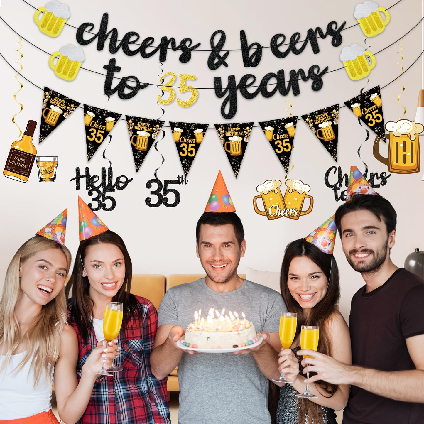 Black Gold 90th Birthday Decorations for Men Women, Glitter Pre-Strung Cheers to 90 Years Banner Hello 90 Hanging Swirls Paper Triangle Flag Banner Decorations Bday Party Supplies Kit WN420