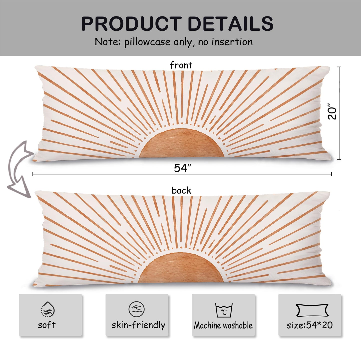 Boho Sun Sunshine 21x54 Body Pillow Cover Case, Modern Neutral Boho Horizontal Sun Sunset Sunrise Decorative Long Hug Pillow Cases for Bed Couch BST220