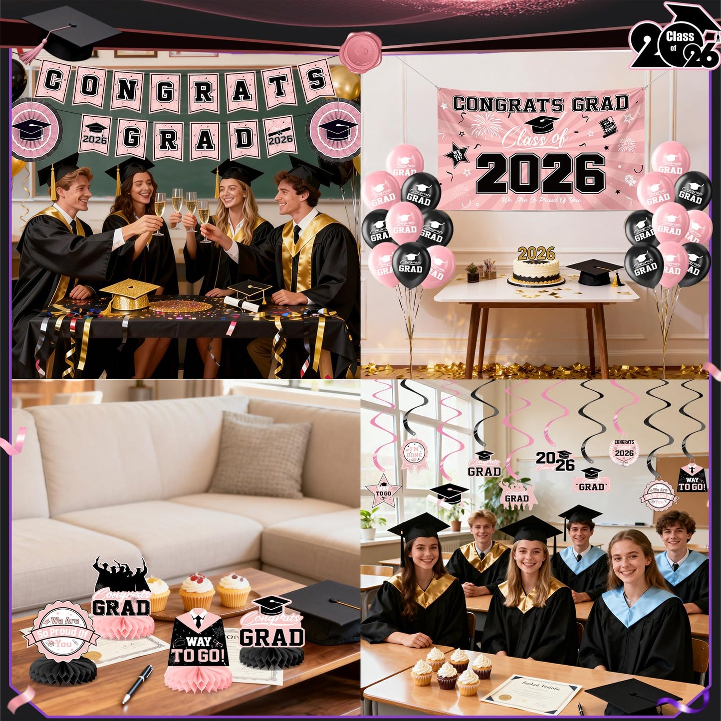 Graduation Decorations 2026-Blue and Black Graduation Party Decorations Supplies Class of 2026 with Graduation Banner, Backdrop, Balloons, Centerpieces, Hanging Swirl for Grad Party BST326H