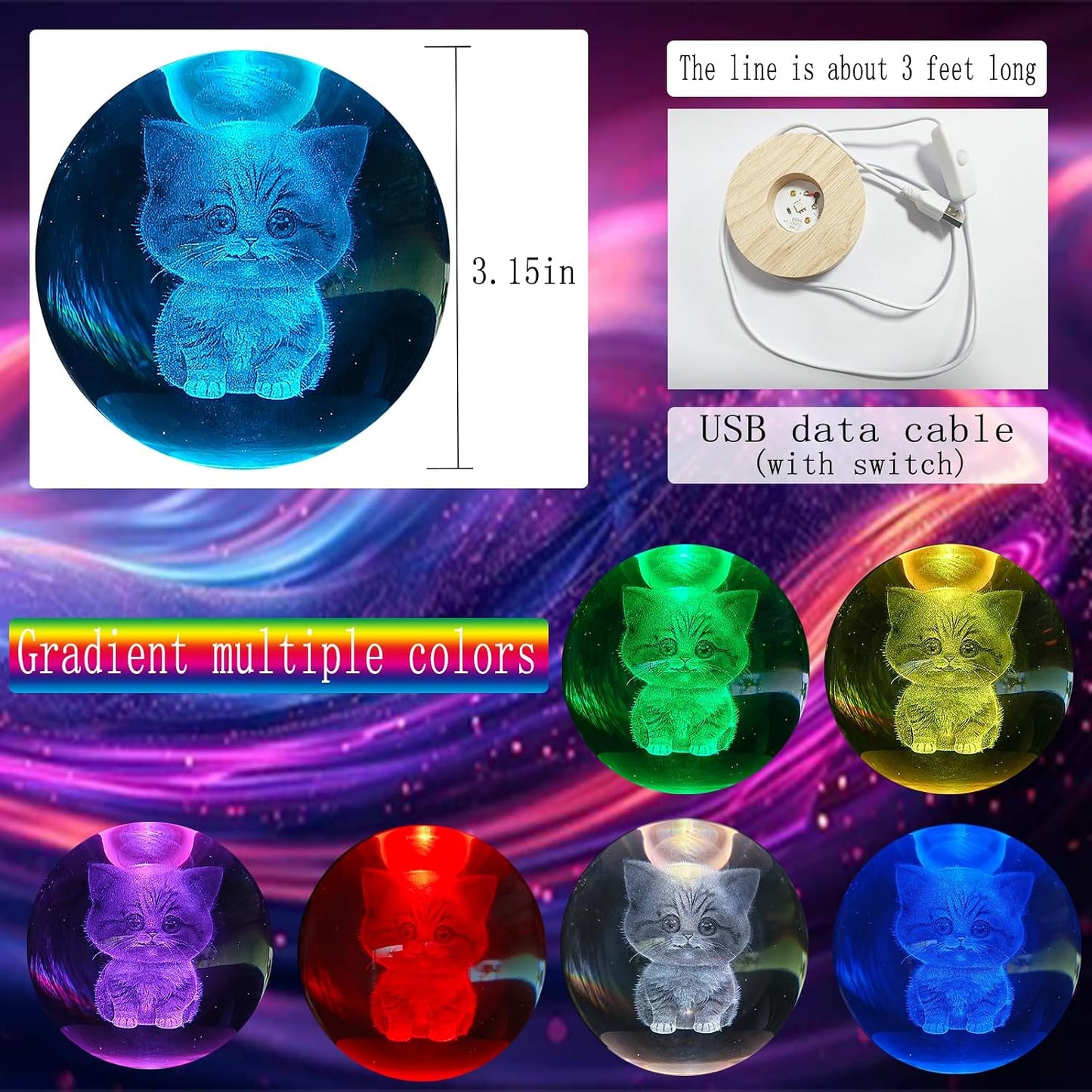 3D Kitten Crystal Ball 3.15" / LED Gradient Color Wooden USB Switch Base/Cat-Themed Couple Gift/Birthday,Christmas Gifts for Women WN420