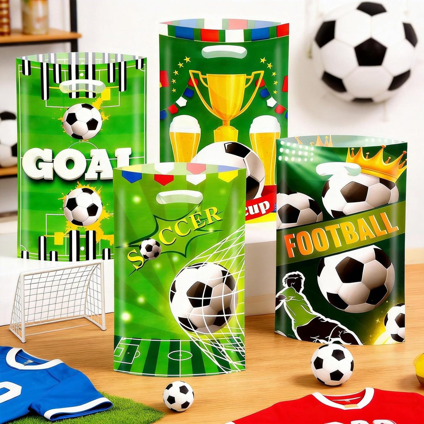Konsait 50Pcs Soccer Goodie Bags with Handles, Football Themed Gift Bags for Birthday Party Favors, Team Celebrations and Game Day Decorations BST326L