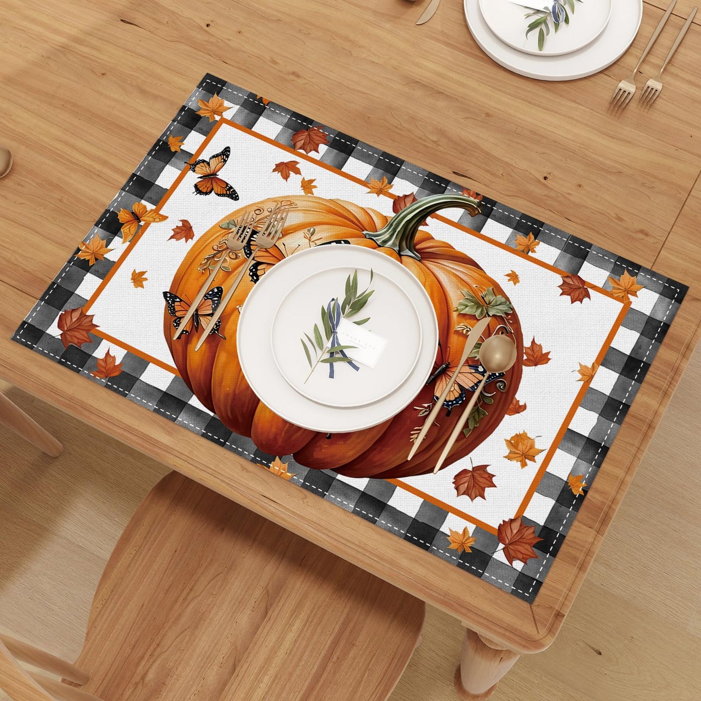 Linen Fall Placemats Set of 4 Fall Table Mats Farmhouse Pumpkin Butterfly Decor for Home Autumn Thanksgiving Home Kitchen Dining Room Table Decorations BST220