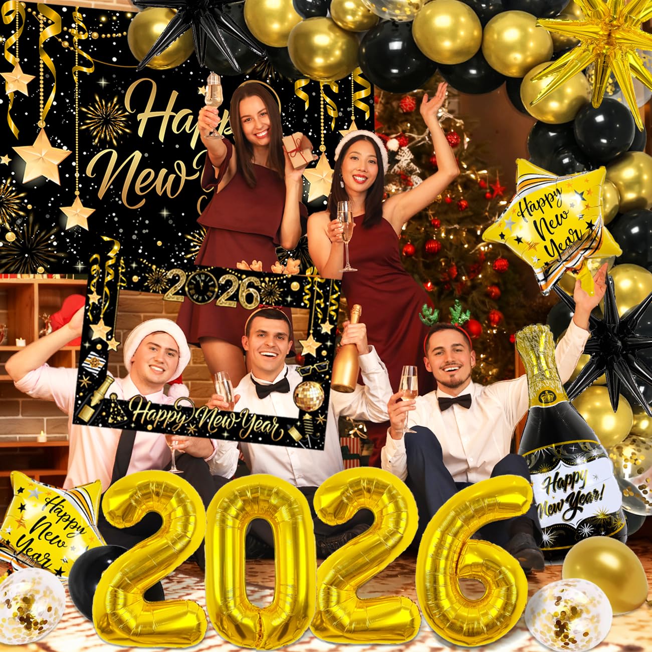 2026 Graduation Decorations Class of 2026 Black and Gold Congrats Grad Balloons,Banner,Backdrop,Photo Booth Props,Cards Boxes Kit for Graduation Party Decorations in Indoor or Outdoor (Graduation) BST326H