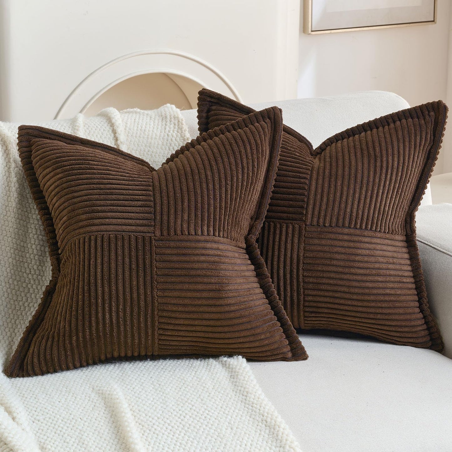 HAUSSY Pack of 2 Corduroy Throw Pillow Covers26x26 Inch, Rust | Decorative Striped Soft Boho Farmhouse Pillowcases, Machine Washable, Couch Bed Sofa Living Room Home Decor, No Insert BST202
