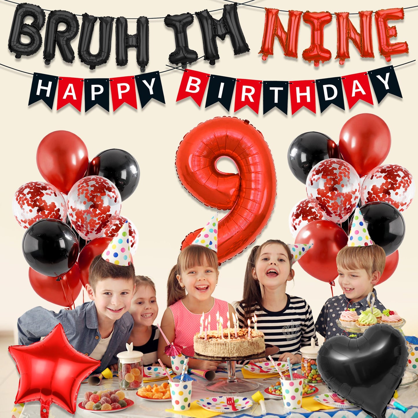 9th Birthday Decorations Boys Kit - 27 Pcs Red and Black Bruh Im Nine Balloon Banners Happy Birthday Fishtail Flags Number 9 Balloon Star Heart Balloons Set for 9 Year Old Party Decoration Supplies BST202