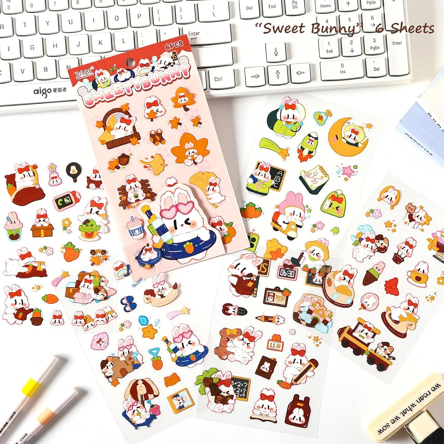Deco Stickers Pack of 24 Sheets Korean Style Photocard Animal Rabbit Beer Confetti Polco Decorative Stickers for Scrapbooking (Cream) WN420