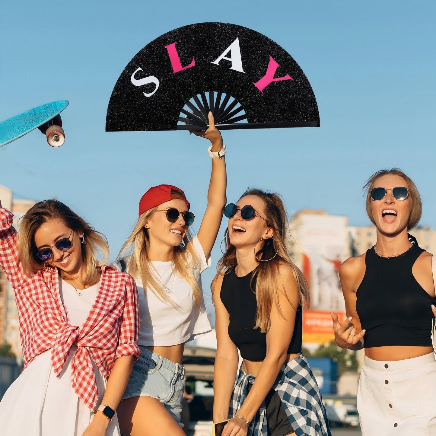 FairySandy Large Rave Fan UV Glow Clack Summer Hand Fan with Thigh Holster for Women Carnival Party Supplies for Carnival Edm Music Festival Club Accessories(Cool Style,Black) WN420