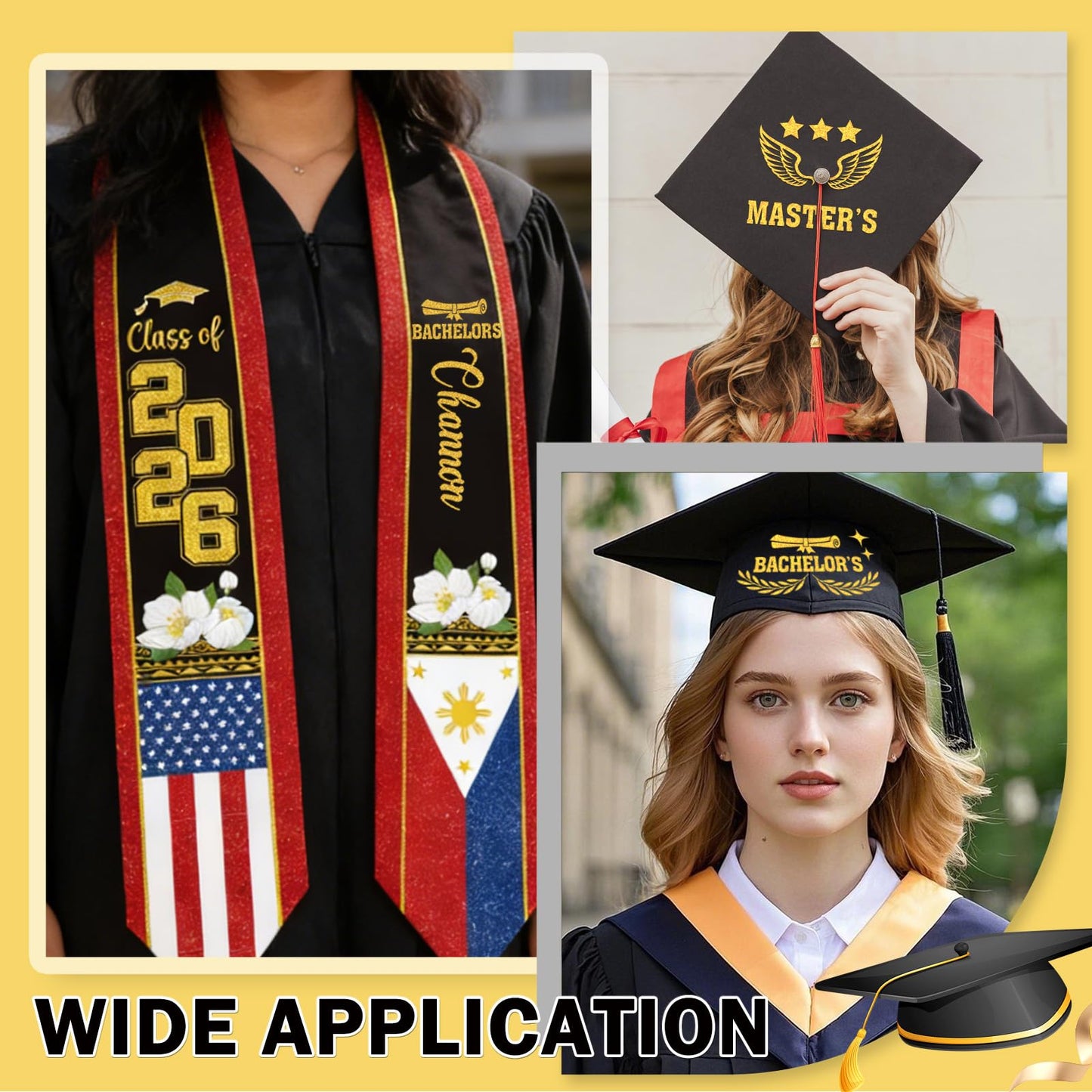 Dazoratix Filipino Graduation Stole 2026 - Philippines American Flag Sash Personalized Custom Glitter Iron on Letters Patches DIY Customize Transfer Stickers for Senior Student School Grad Decorations BST326L