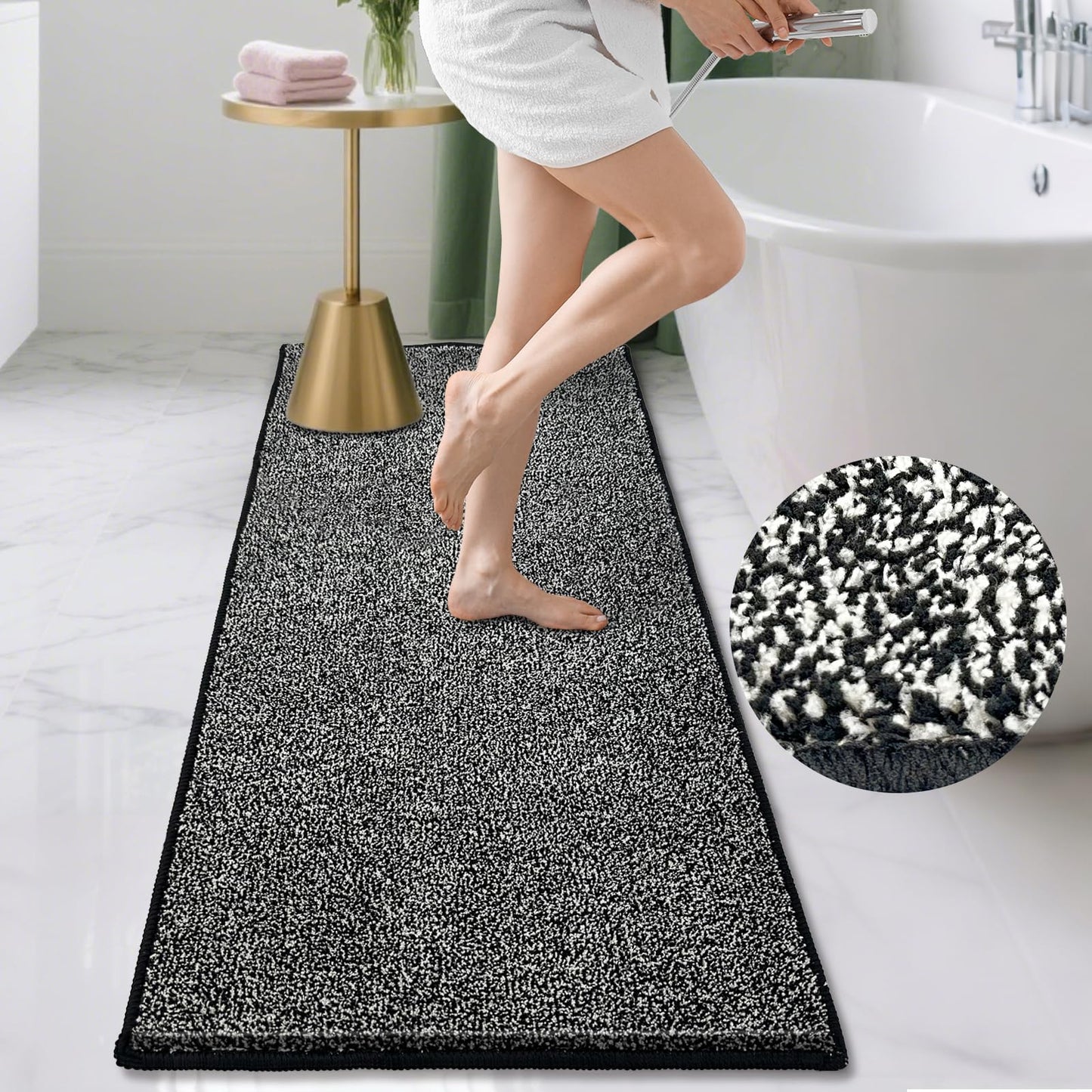 HDFK Bathroom Rugs | Non Slip Washable Bath Mats 24x16 Inches 2 Tone Soft Chenille Medium Pile TPR Floor Mat | High Absorbency Quick Dry Grey and White | Shower Rug for Wet Dry Zone BST220
