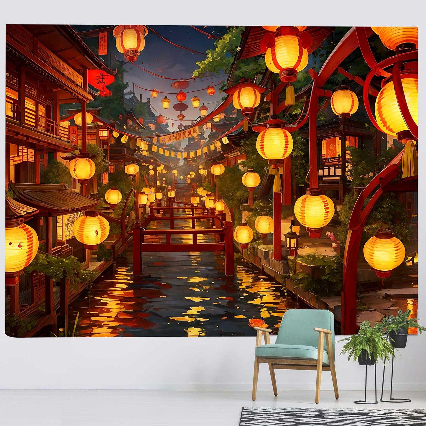 Ine Ive Japanese Tapestry Wall Hanging Large Size 93x71 Inch | Traditional Japan Streets filled with lanterns tapestry for Bedroom Living Room Dorm Office Restaurant Wall Decor BST202