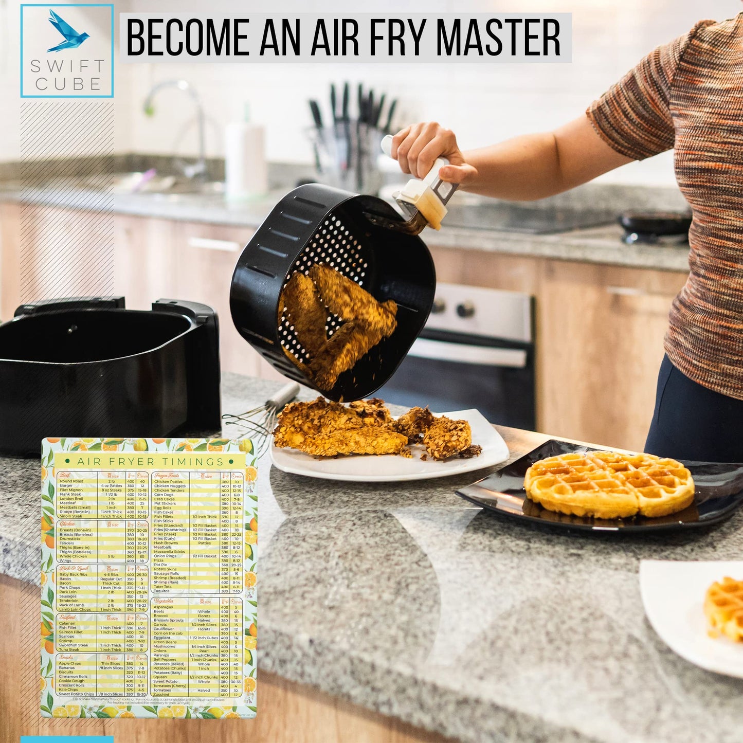 SwiftCube Air Fryer Magnetic Cheat Sheets, Multicooker Cheat Sheet Recipe Magnets, with Cooking Temperature, Time & Size Chart Conversion Measurement, Orange-Lemon Kitchen Decor, 8.5"x11" Citrus Dream BST220