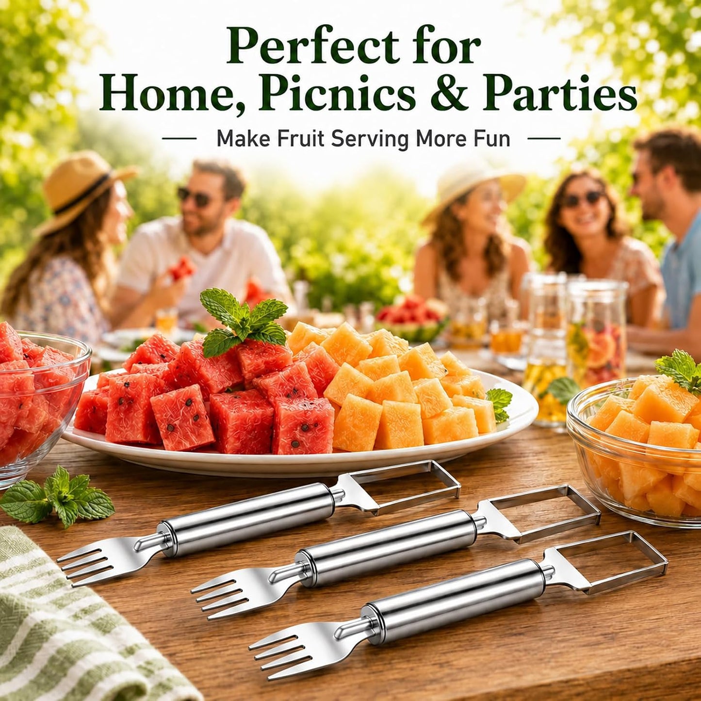 3 PCS Watermelon Cutter, 2-in-1 Watermelon Slicer & Fork, Stainless Steel Watermelon Cube Cutter Tool, Portable Dual-Head Melon Fruit Slicer Tools for Home Parties, Picnic, Camping and Kitchen Gadgets BST220