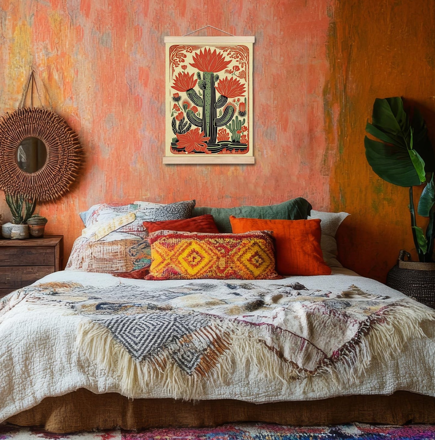 SPBL&L Green Boho Floral Mexican Wall Art, Abstract Flower Poster Hanger Frame, Burnt Orange Terracotta Botanical Hanging Canvas Pictures Prints Wall Decor for Home Bedroom, 12x16 Inch Set of 2 BST202