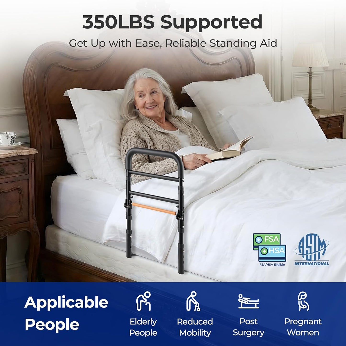 C1 Fold Bed Rails for Elderly Adults Safety - Foldable Bed Assist Rail with Adjustable Height, Tool-Free Folding, Sturdy up to 350 Lbs, Bed Cane Fits King Queen Twin Beds