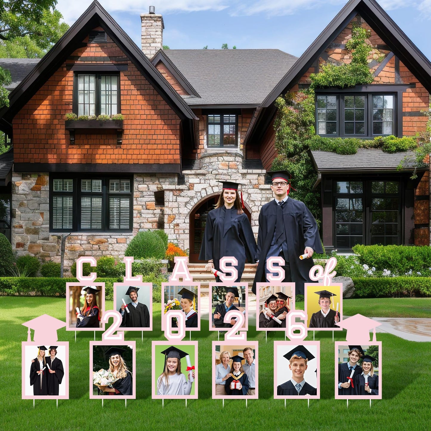 12 Pcs Graduation Photo Yard Sign Decorations 2026, K-12 Grade Graduation School Picture Frame Lawn Sign with Stakes for Kindergarten Middle High School Class of 2026 Grad Party Decorations, Red WN420
