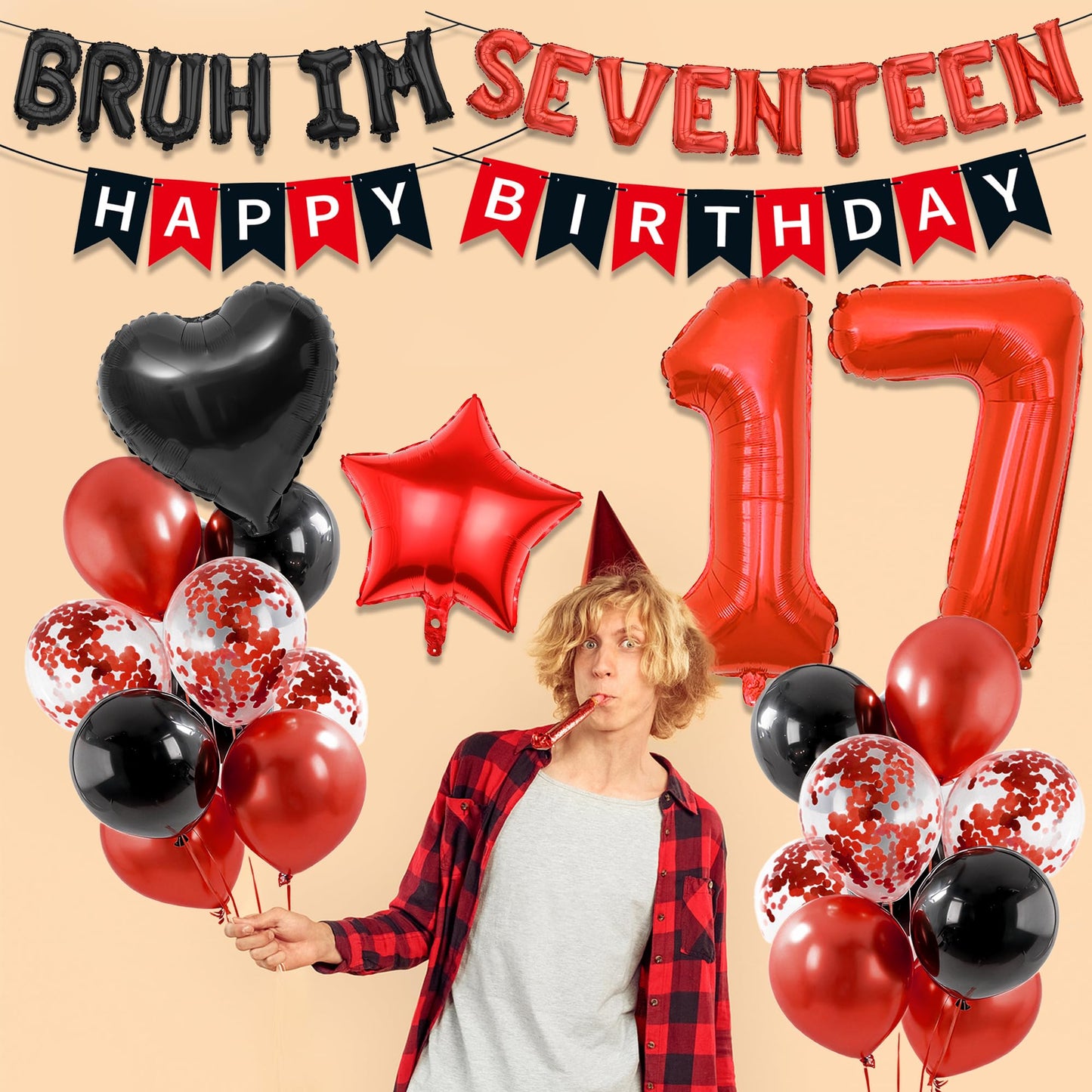 9th Birthday Decorations Boys Kit - 27 Pcs Red and Black Bruh Im Nine Balloon Banners Happy Birthday Fishtail Flags Number 9 Balloon Star Heart Balloons Set for 9 Year Old Party Decoration Supplies BST202