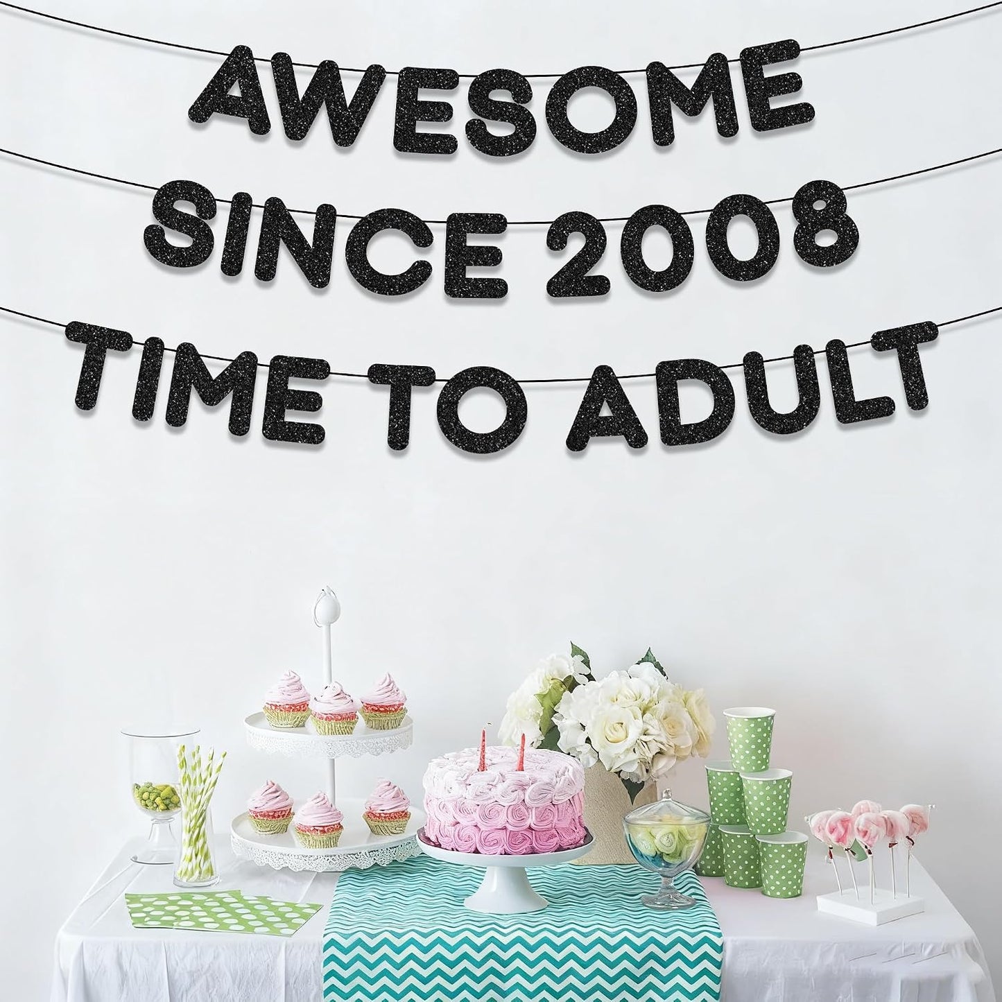 18th Birthday Decorations Banner Boy - 3 Pcs Black Glitter Awesome Since 2008 Time To Adult Banners for Boys and Girls 18 Years Old Teenager Welcome Adulting Birthday Party Supplies BST326L