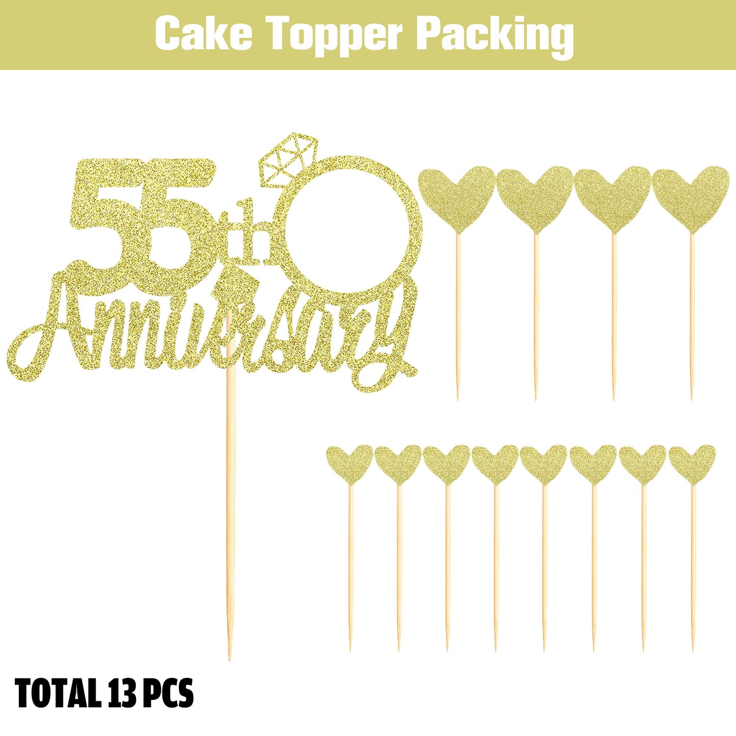 Sumerk 13 PCS Gold Glitter 55th Anniversary Cake Topper Happy 55th Anniversary Wedding Anniversary Cake Decorations BST220