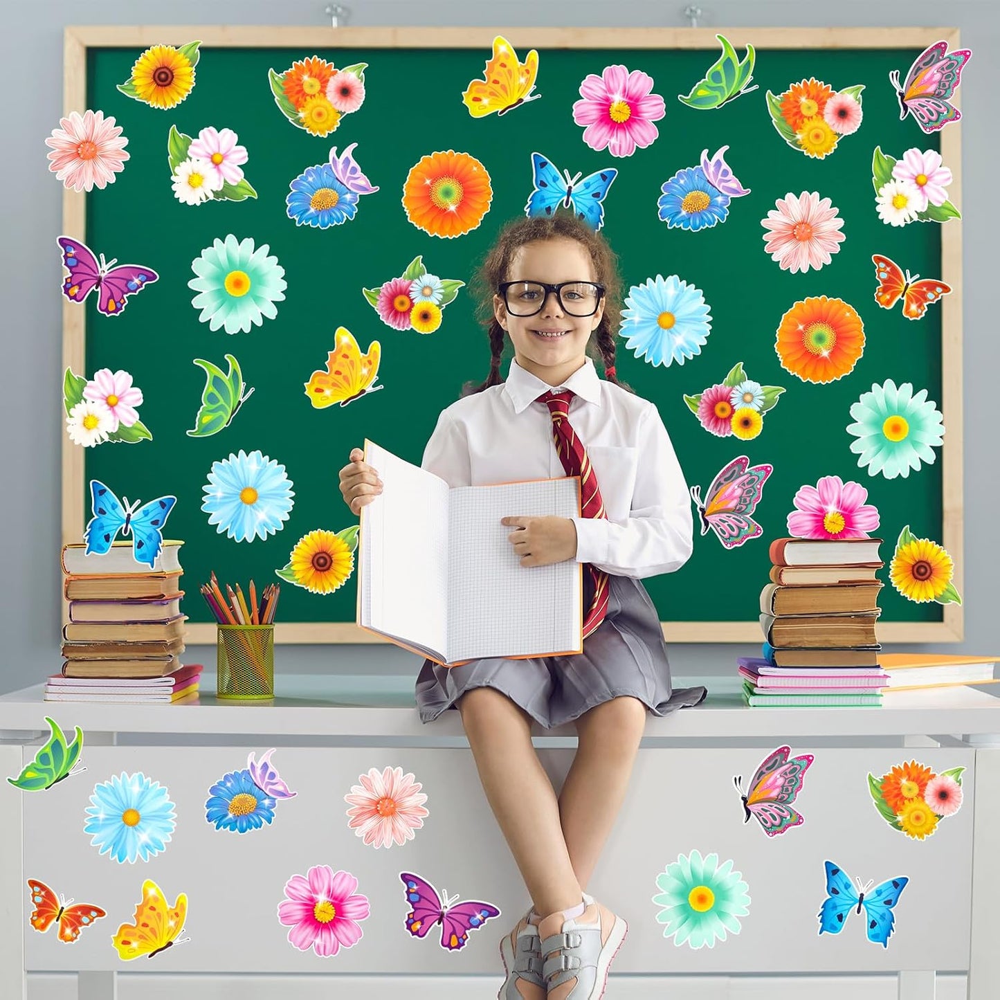 Konsait Flower Butterfly Cutouts,Spring Bulletin Board Decorations Set 48 Pcs Spring Flower Paper Butterflies Decor for Classroom Home Office,16 Designs BST326L