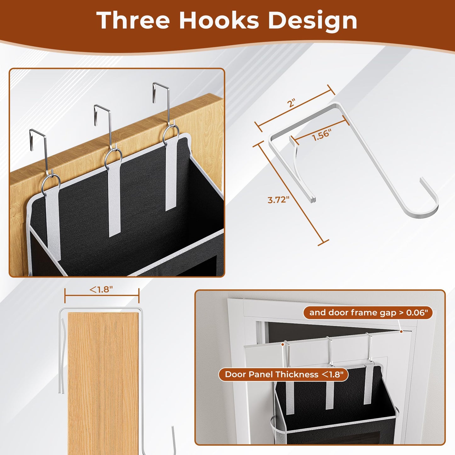 5 Tier Over The Door Organizer - Large Capacity Behind Door Hanging Shelves with 10 Mesh Pockets and Clear Windows, Closet Organizers and Storage for Bathroom, Bedroom, Nursery, Grey BST326H