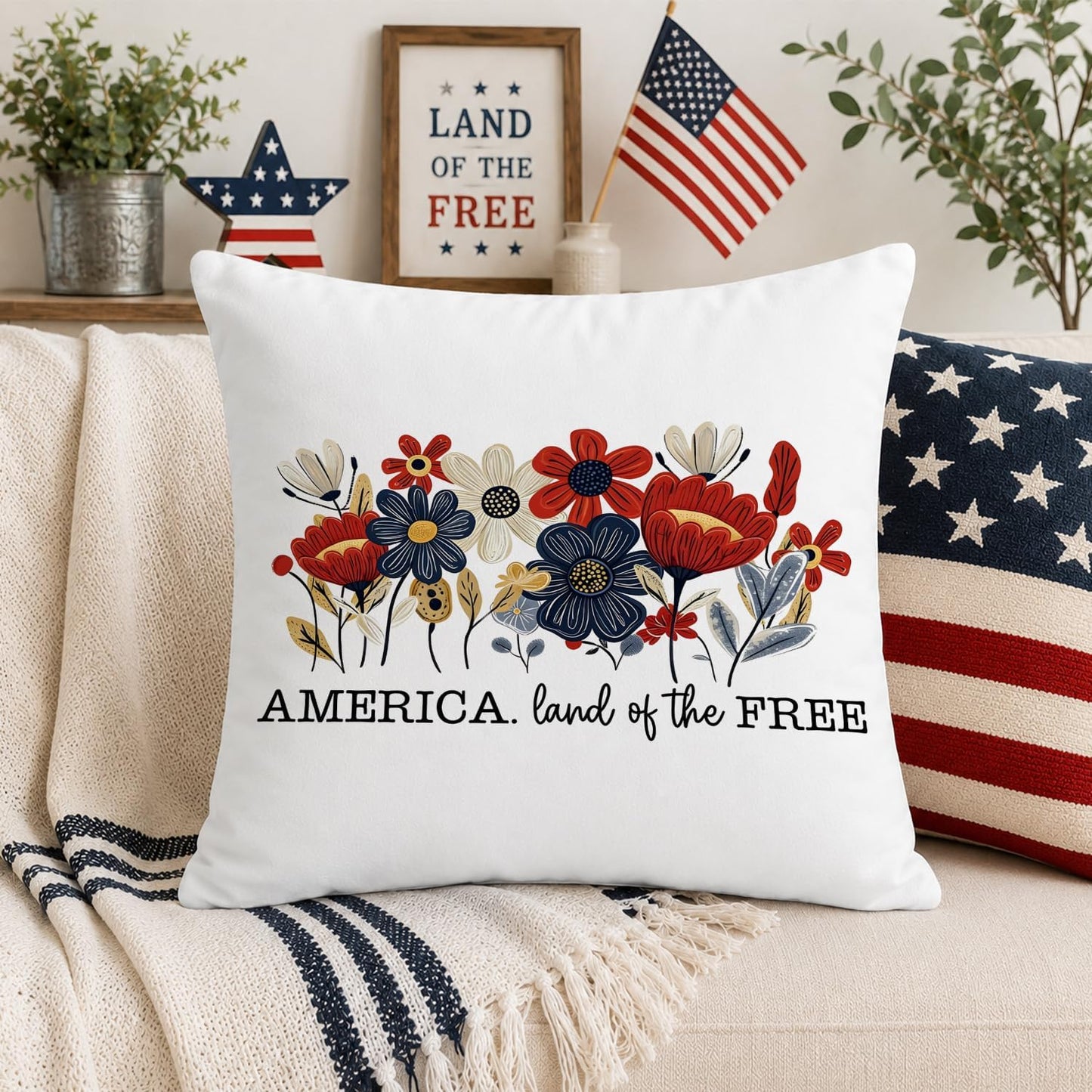 Patriotic Pillow Covers 18x18, 4th of July Throw Pillow Covers, America Land of the Free Floral Decor, Red White Blue Wildflower Pillow Case, Independence Day Gifts for Women Sofa Decor BST326L