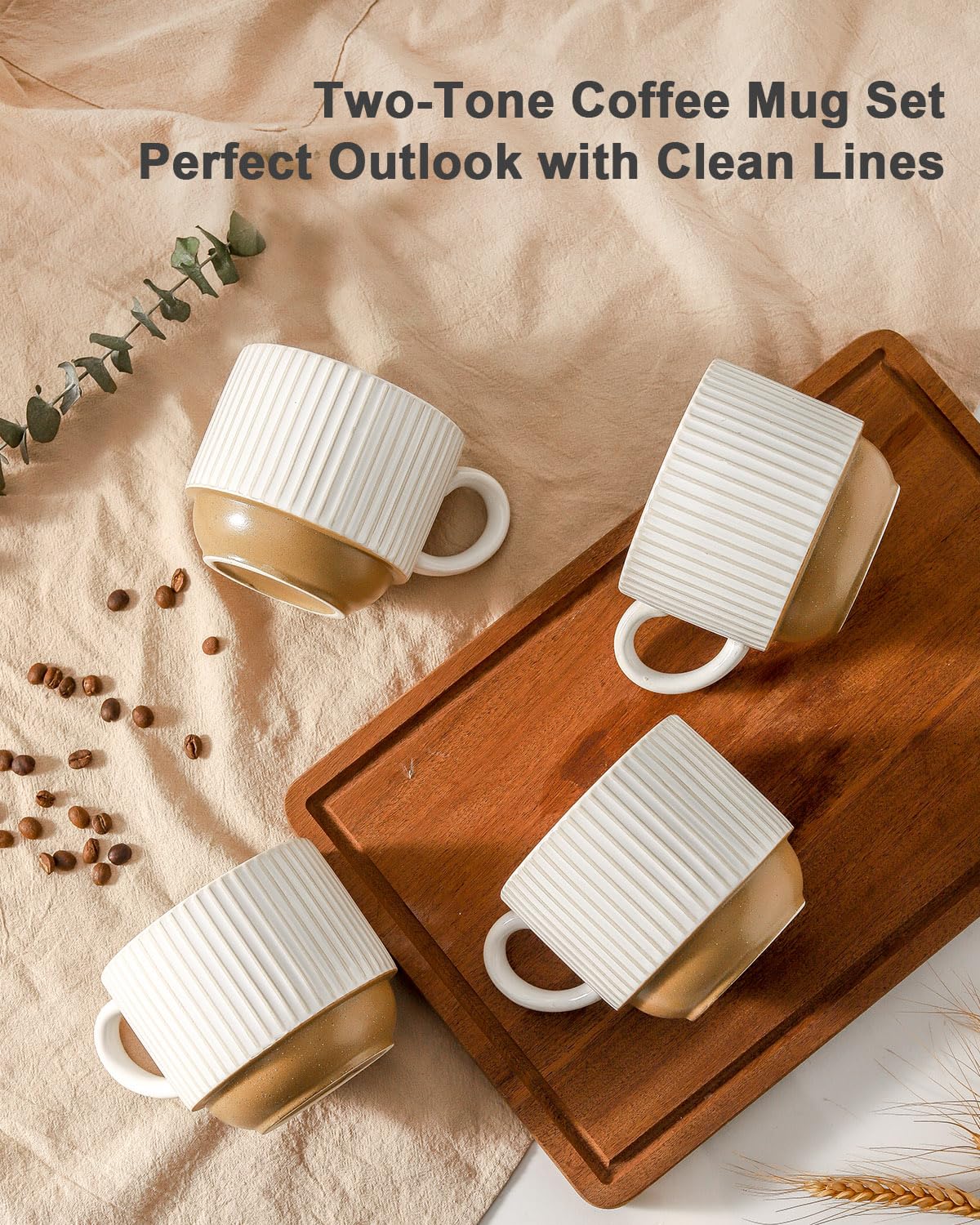HASENSE 15 oz Ribbed Stackable Coffee Mug Set of 4, Porcelain Latte Cups with Metal Rack, Dishwasher & Microwave Safe, Cappuccino Tea Hot Cocoa, White BST220