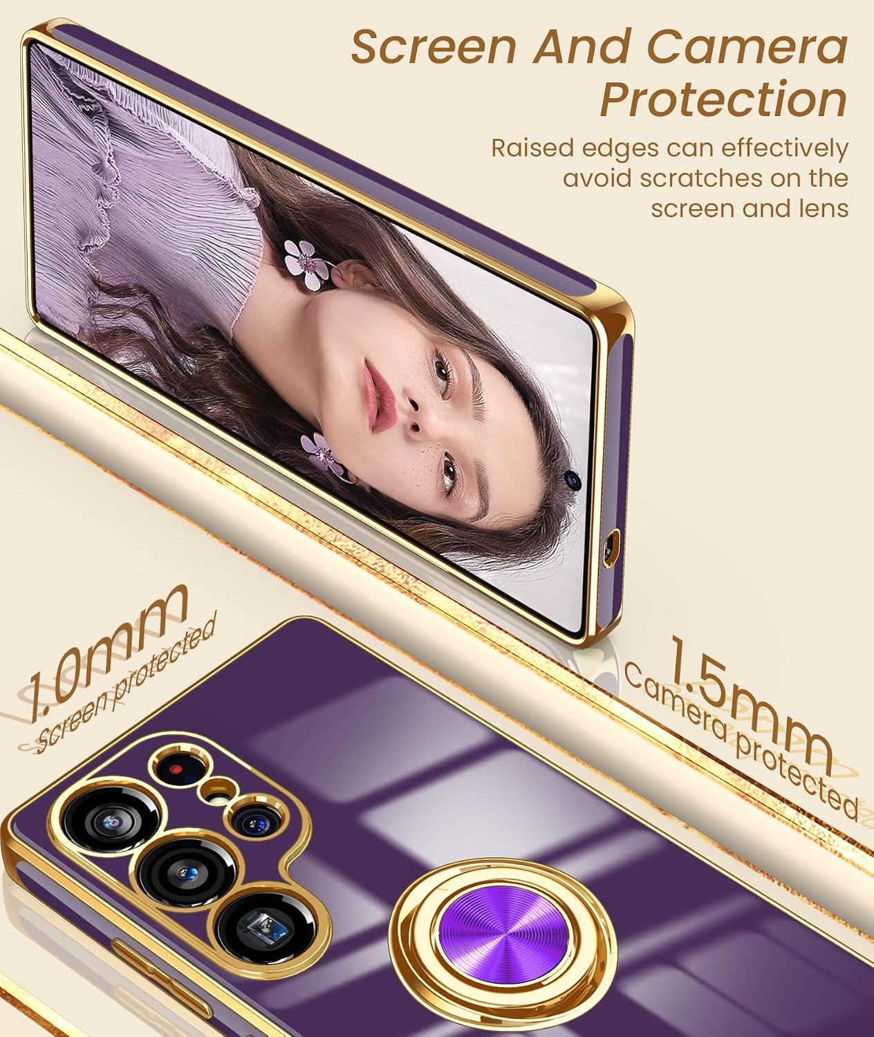 Dretal for Samsung Galaxy S25 Ultra 5G Case, 2X Screen Protector, 360°Rotatable Ring Holder Magnetic Kickstand,Plated Gold Edge Slim Soft TPU Protective Phone Cover for Galaxy S25 Ultra (Deep Purple) WN420