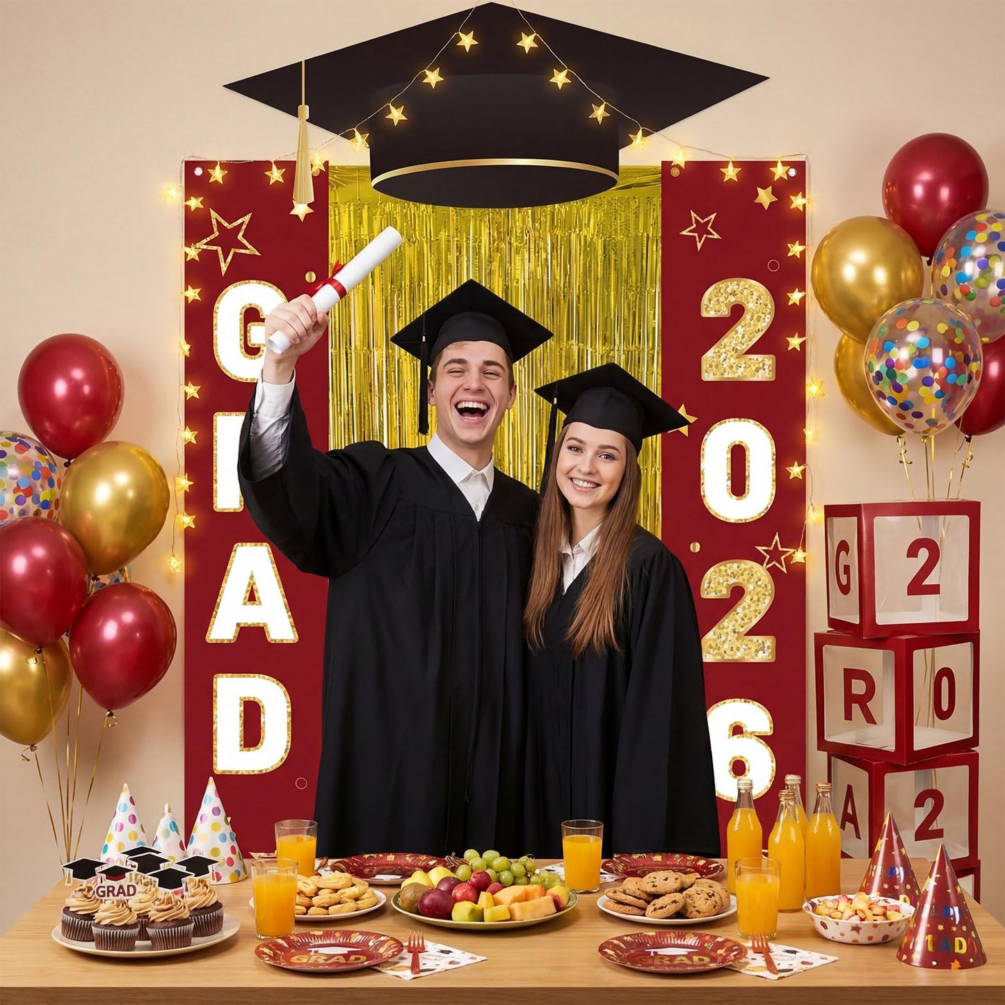 Frienda 9 Pcs 2026 Graduation Party Decoration Include Grad Box, Class of 2026 Graduation Door Porch Banner with Tinsel Curtain, Grad Photo Backdrop for College School Congrat Party Decoration(Blue) BST326H