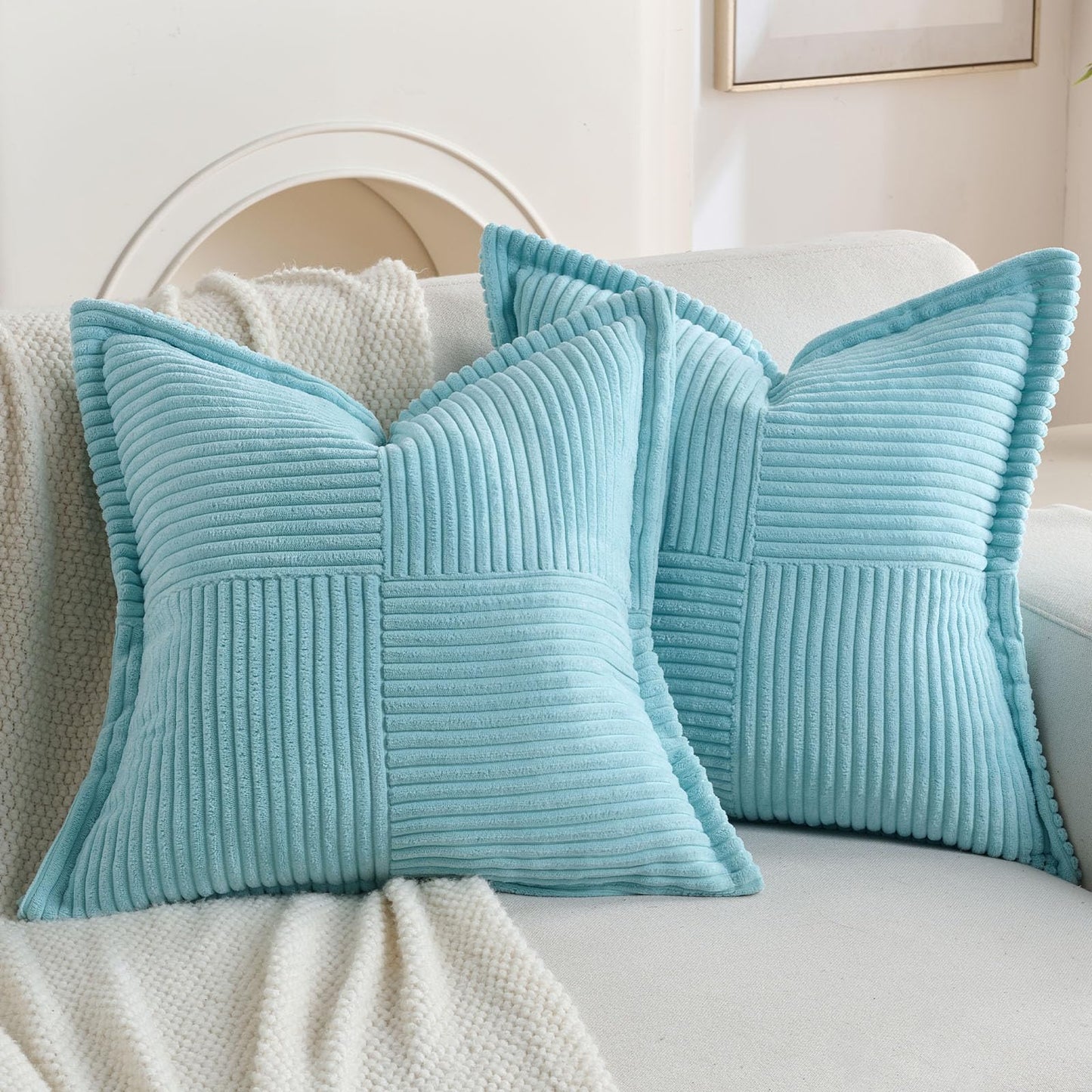 HAUSSY Pack of 2 Corduroy Throw Pillow Covers26x26 Inch, Rust | Decorative Striped Soft Boho Farmhouse Pillowcases, Machine Washable, Couch Bed Sofa Living Room Home Decor, No Insert BST202
