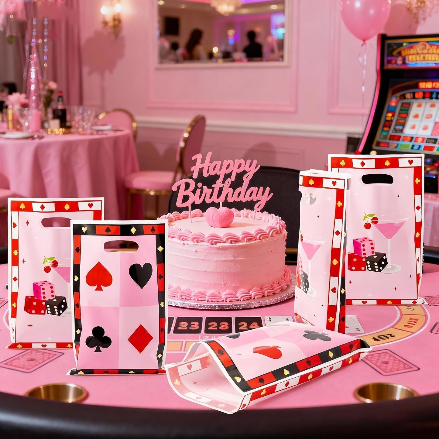 Salovio Pink Casino Party Favor Bags 50Pcs Candy Cookie Treat Goodie Plastic Bags with Handle for Birthday Music Party Supplies Casino Game Night Poker Events Carnival Wedding for Adults Womens Mens BST202