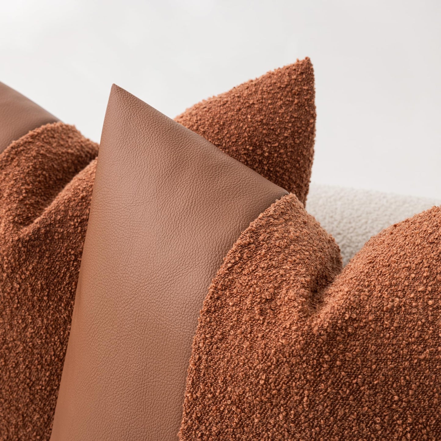 Set of 2 Fluffy Boucle Pillow Covers 18"x18", Oatmeal Textured Throw Pillow Covers with Faux Leather Accents, Boho Decorative Pillow Cases for Couch, Bed, or Farmhouse Home Decor BST220