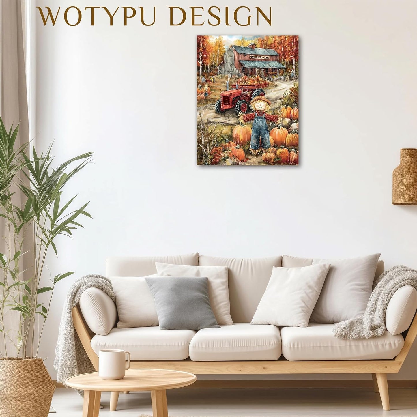 WOTYPU Fall Farmhouse Wall Art Decor, Farmhouse Fall Decor, Rustic Pumpkin Patch Scarecrow Truck Harvest Autumn Thanksgiving Framed Canvas Prints Poster Wall Decorations for Farm Home, 11x14 BST326H