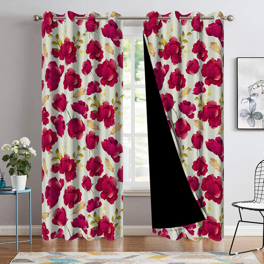 AOFOTO Watercolor Flowers Curtains 63 inch Long Mother's Day Red Rose Floral Blackout Window Curtains for Bedroom Living Room 42x63 Inch Vintage Red Flower Pattern Curtains 2 Panels Set BST326H