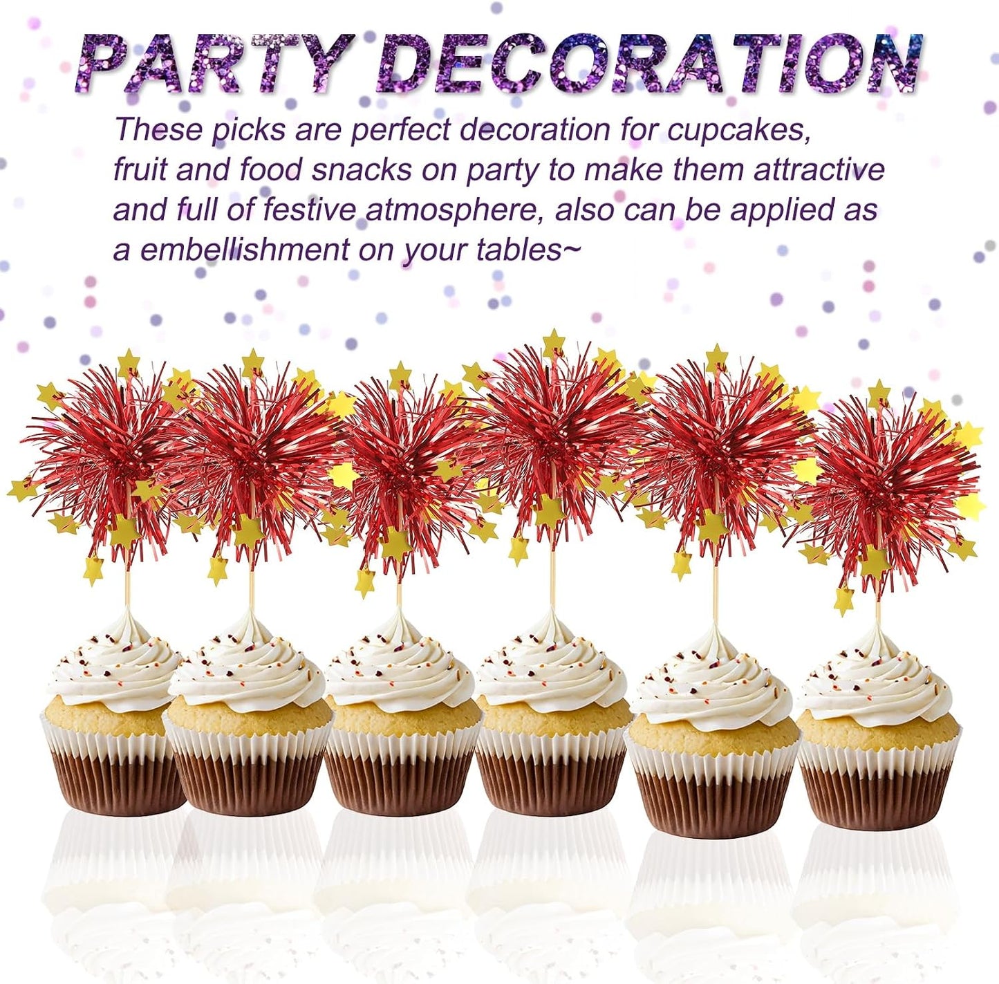 PATIKIL Firework Cupcake Toppers, 50 Pcs Sparkle Tinsel Snow Cupcake Picks Birthday Party Graduation Wedding Foil Decor Cocktail Food Fruit Toothpicks Christmas, Red BST326H