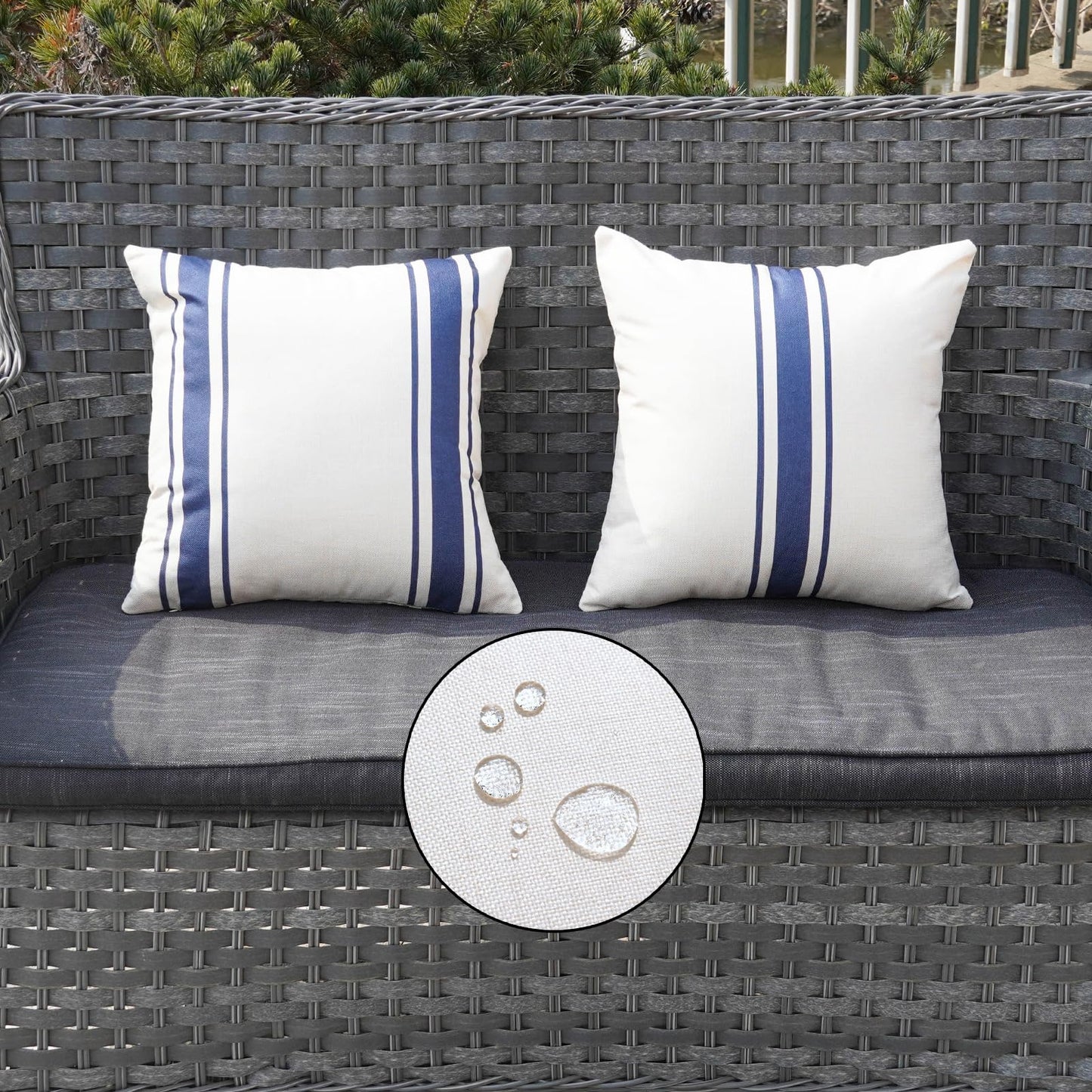 ONWAY Outdoor Pillow Covers Waterproof 18x18 Set of 2 Decorative Linen Throw Pillow Cover Beige and Black Striped Outdoor Pillows for Patio Furniture BST220