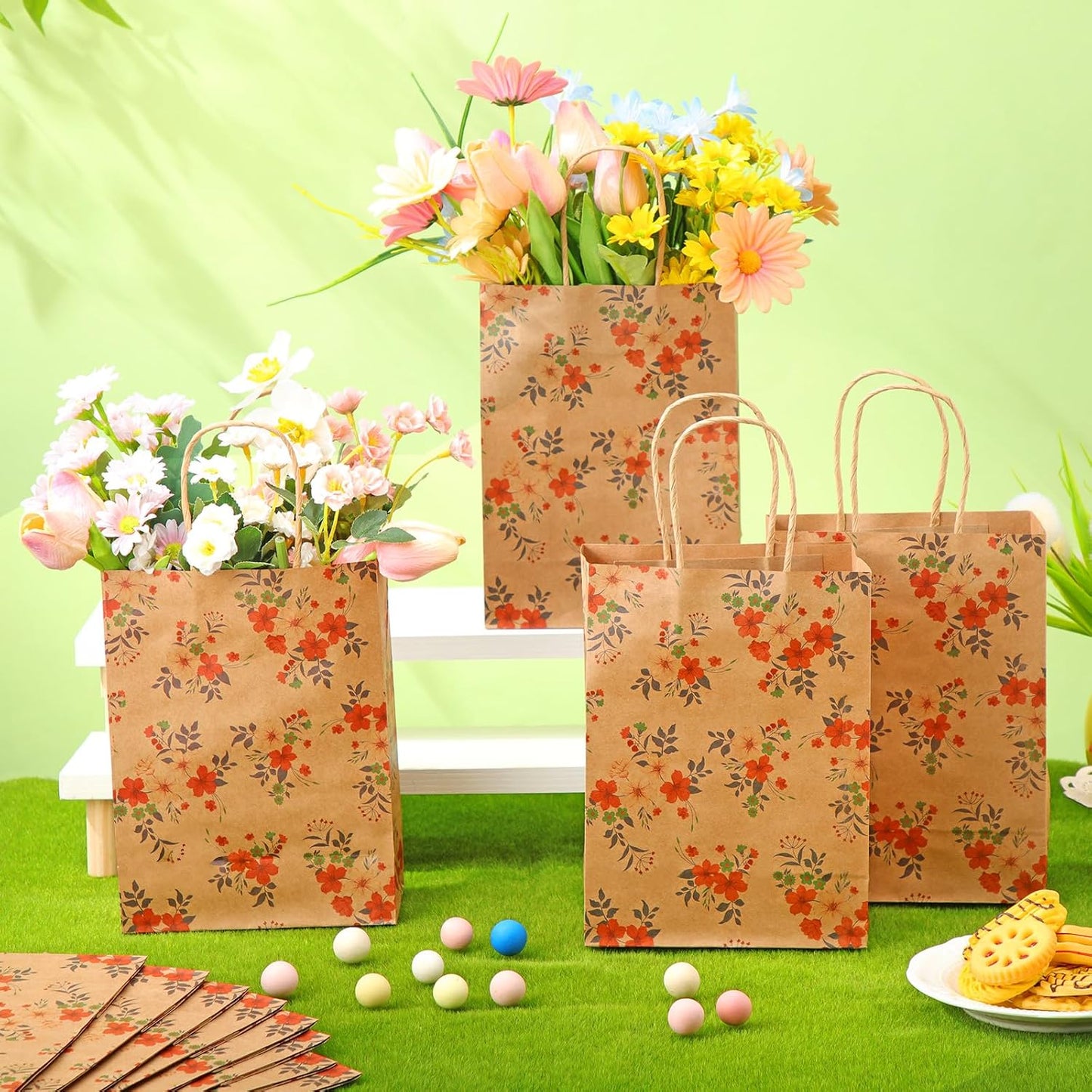 TaoBary 24 Pieces Floral Gift Bags with Handle Kraft Flower Treat Goodie Bags for Summer Spring Party Favor Supplies Decoration WN420