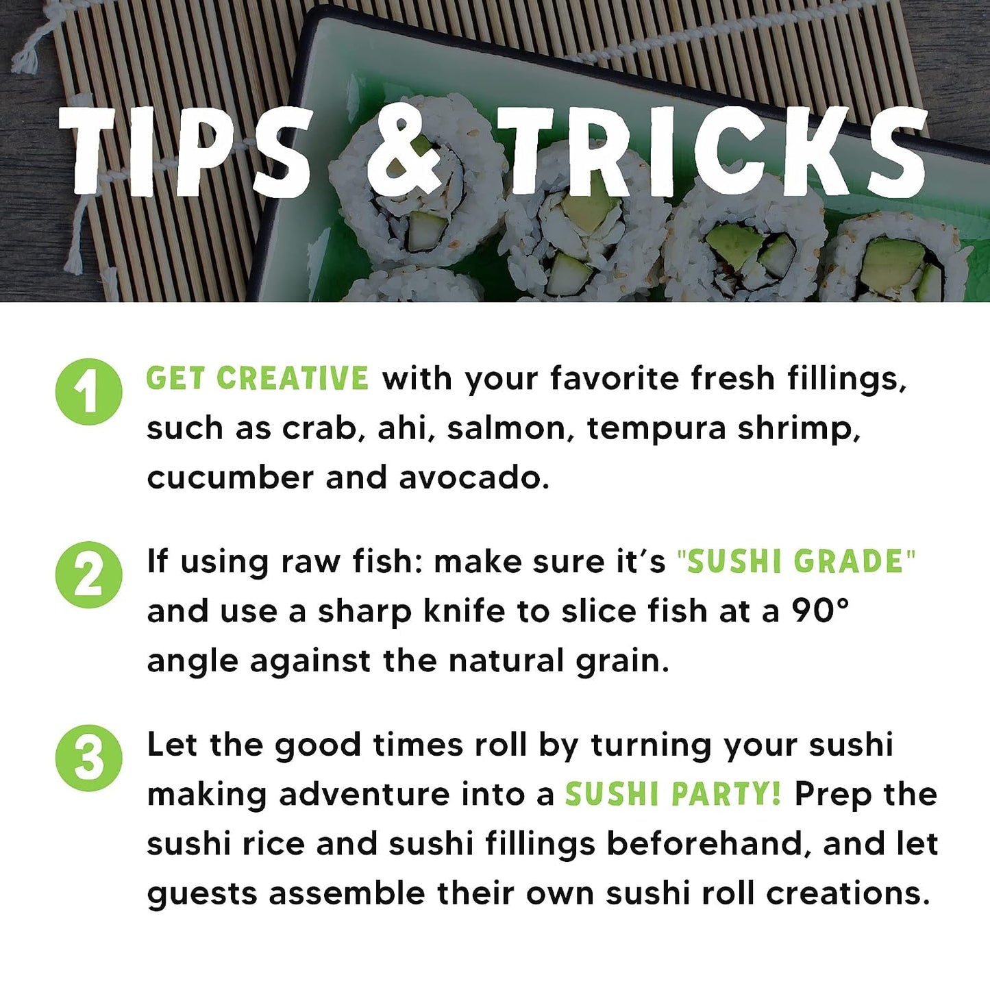 Global Grub DIY Sushi Making Kit - Sushi Kit With Ingredients - Sushi Rice, Nori Sushi Seaweed, Sushi Rice Seasoning, Sesame Seeds, Wasabi Powder - Bamboo Rolling Mat, Instructions, Makes 48 Pieces DD1210