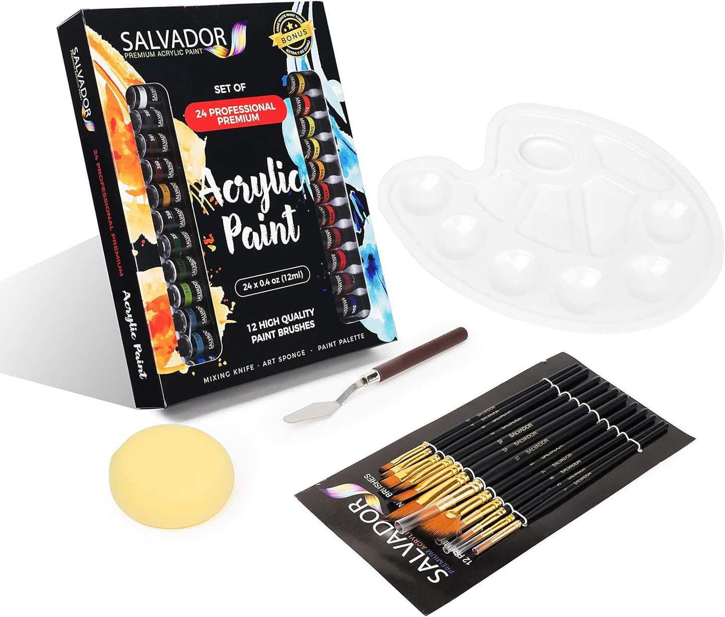 SALVADOR 40 Piece Acrylic Paint Kit, 24 Tubes of 0.4 oz Premium Paints, Mixing Knife, Paint Palette with Sponge