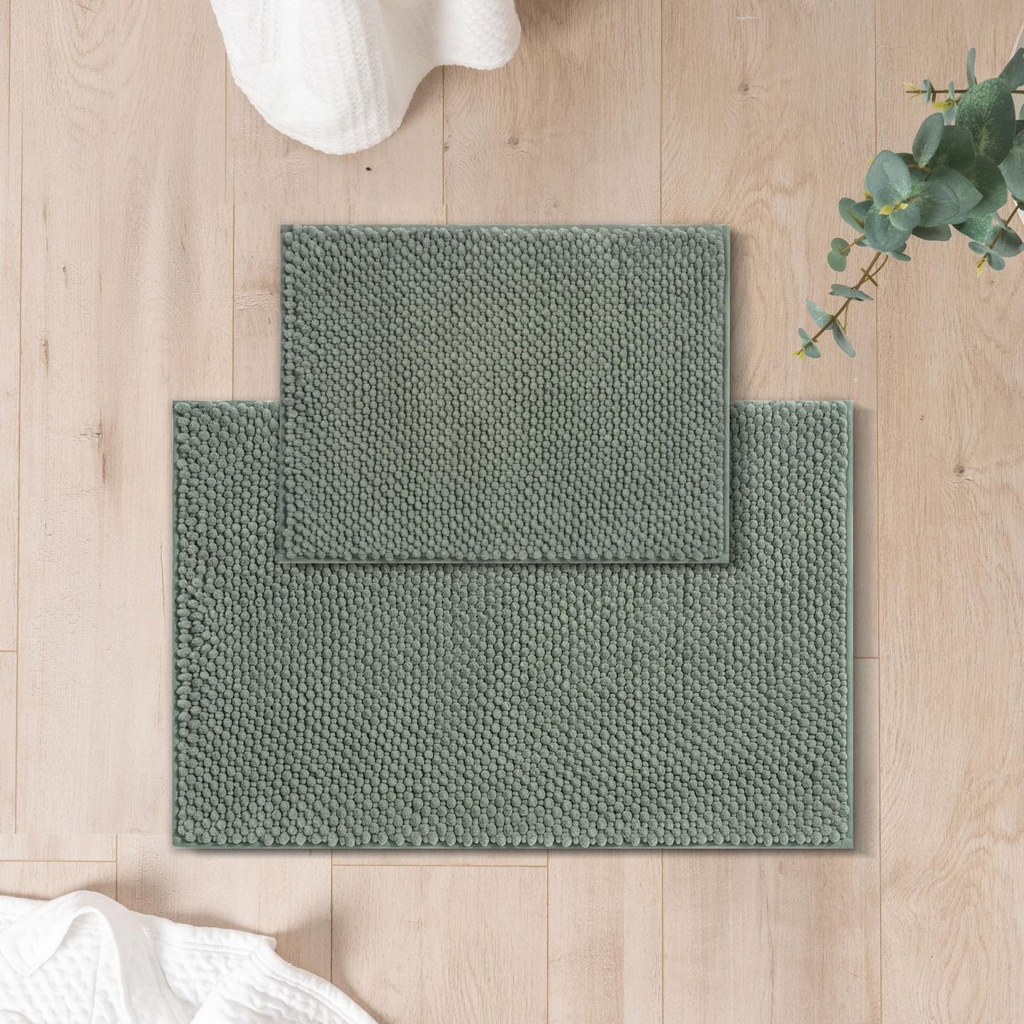 FRESHMINT Chenille Bathroom Rugs Sets 2 Piece 17"x24"+20"x32", Non-Slip Bath Mats, Absorbent Bath Rug, Washable Set of 2 Shower Floor Mat, Gray BST220